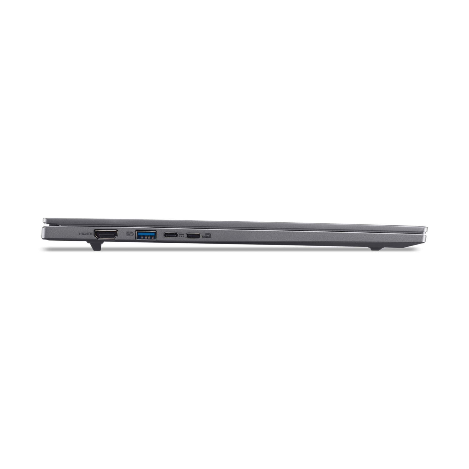 Vista laterale di un sottile laptop grigio che mostra le porte: HDMI, USB-A, 2x USB-C.