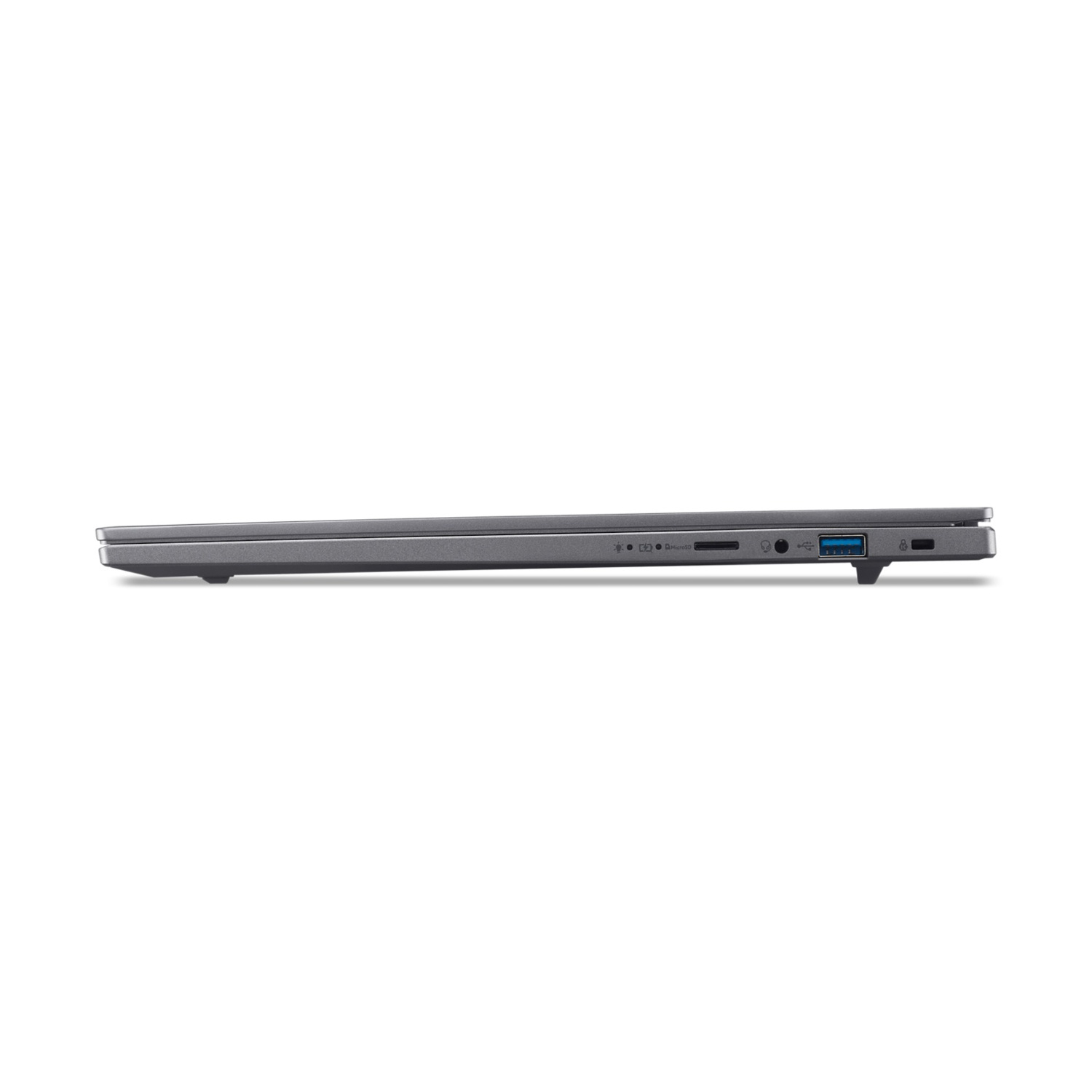 Bordo laptop grigio con porte: USB, MicroSD, alimentazione.