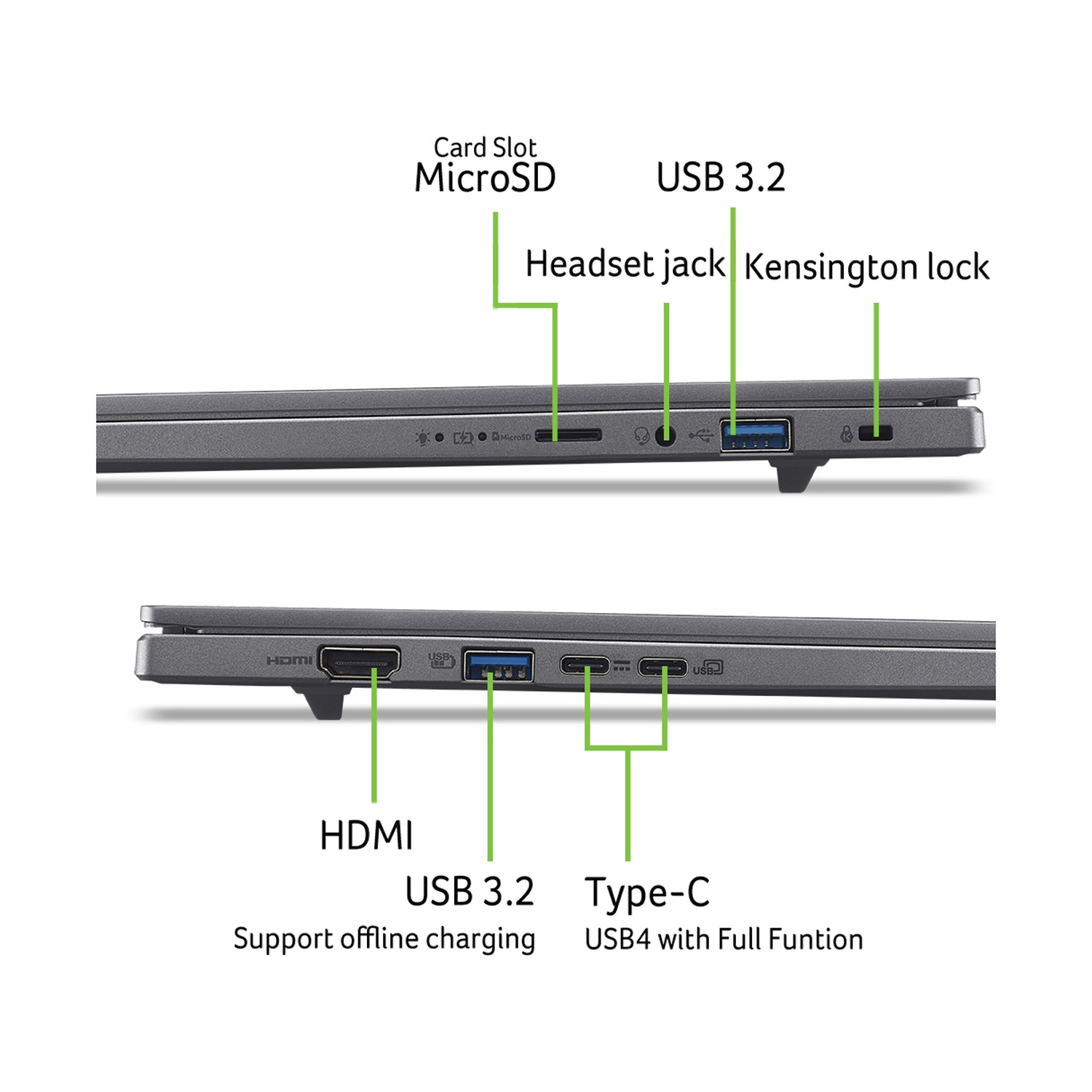 Porte del laptop: MicroSD, USB 3.2, Cuffie, Kensington, HDMI, USB-C
