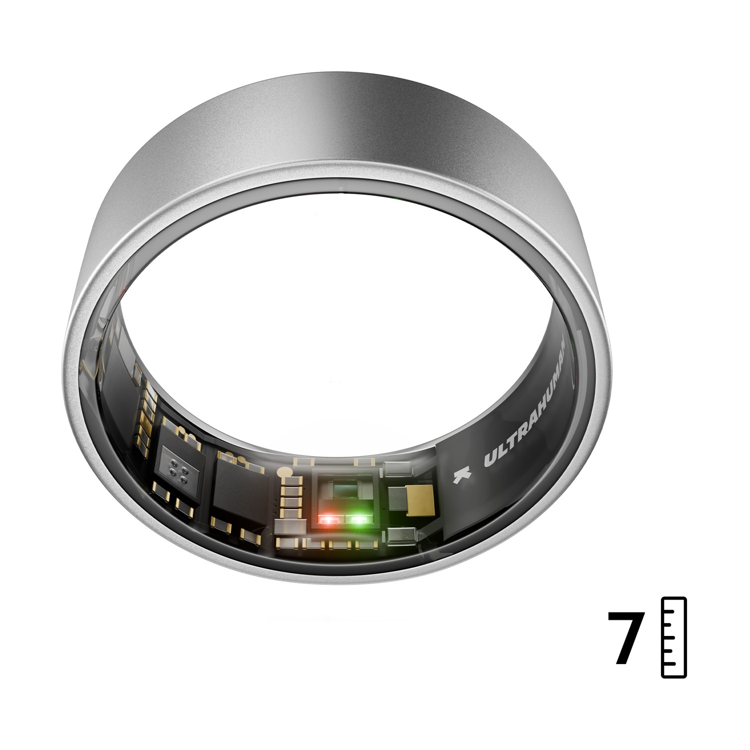 Un anello argentato con elettronica visibile e display '7'.