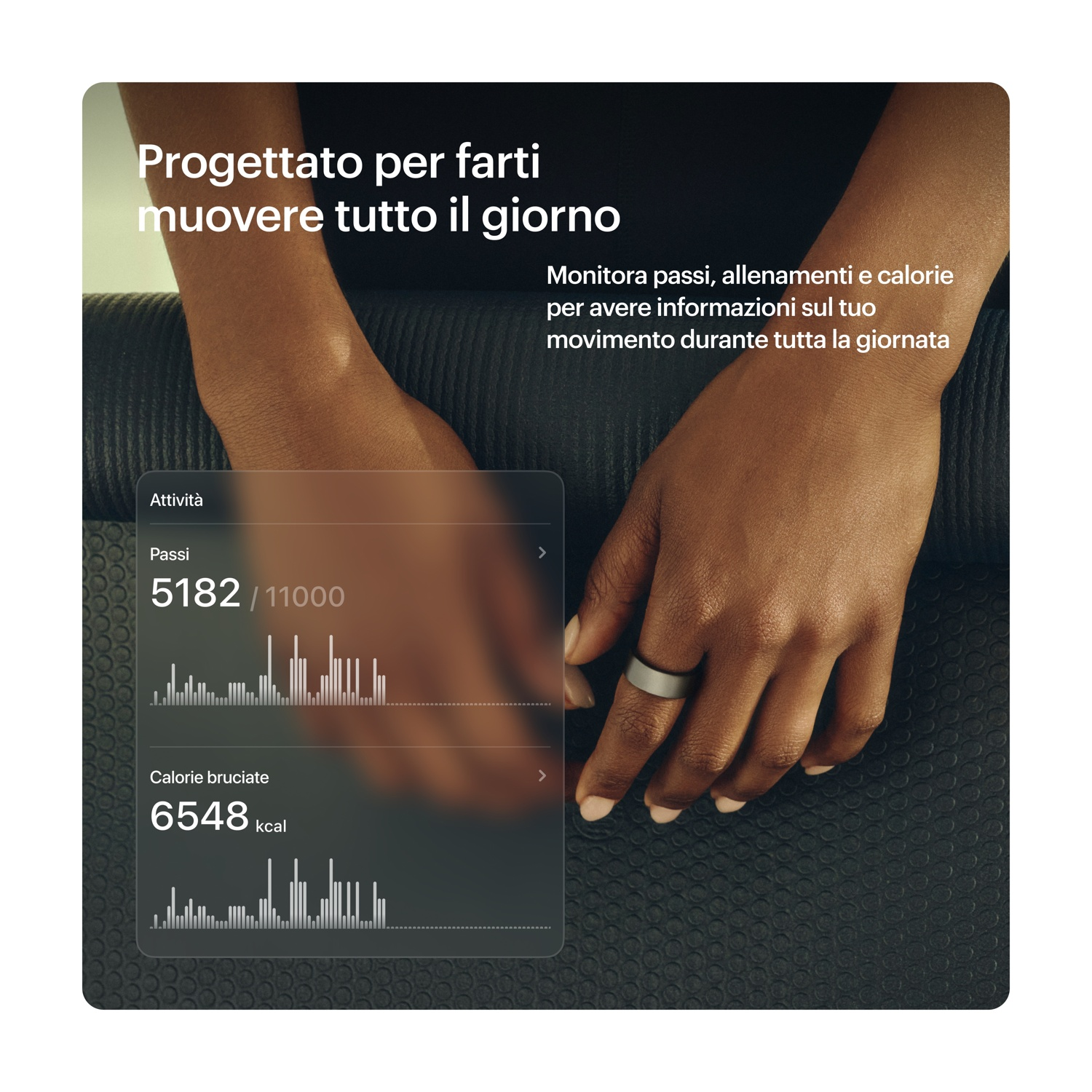 Una persona indossa un anello che mostra passi e calorie.