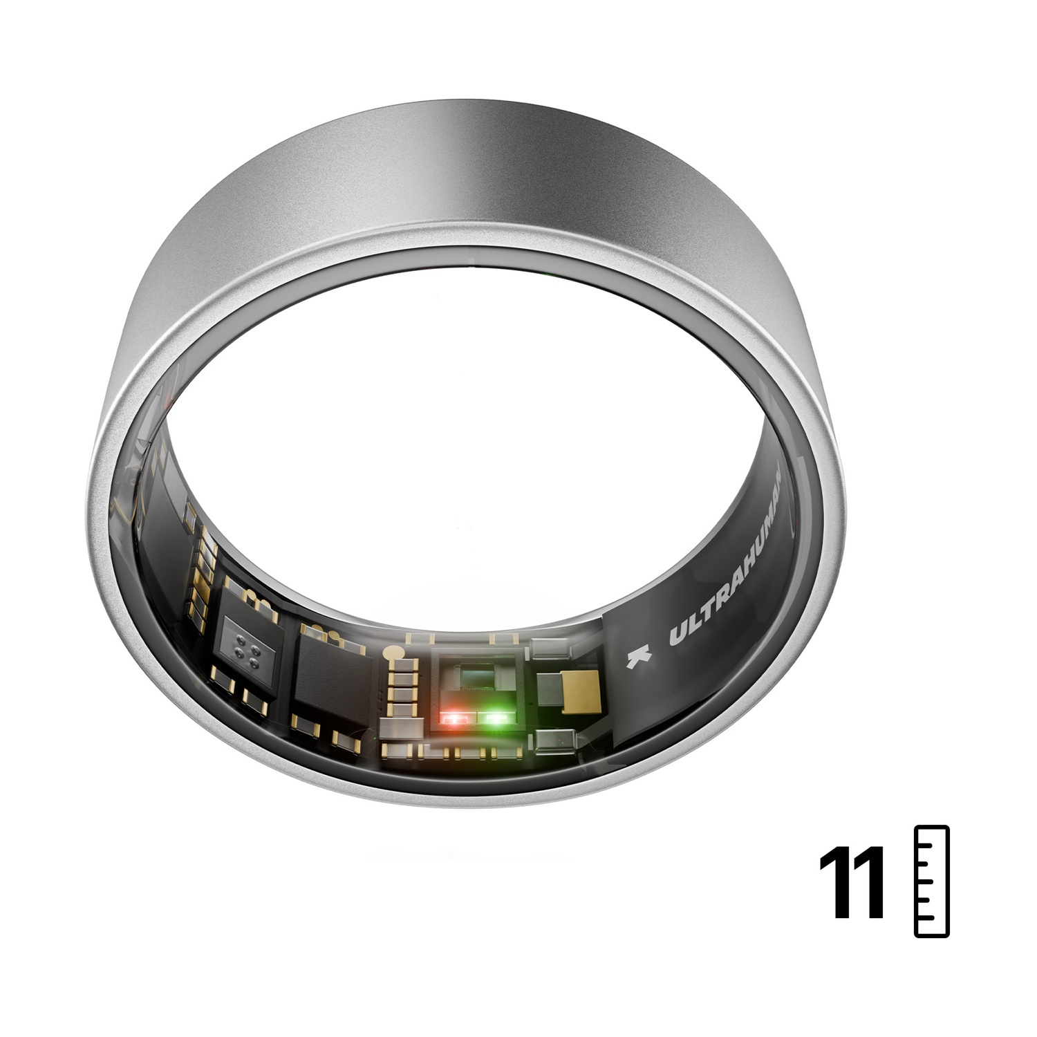 Un anello argentato con elettronica visibile e un display numero 11.