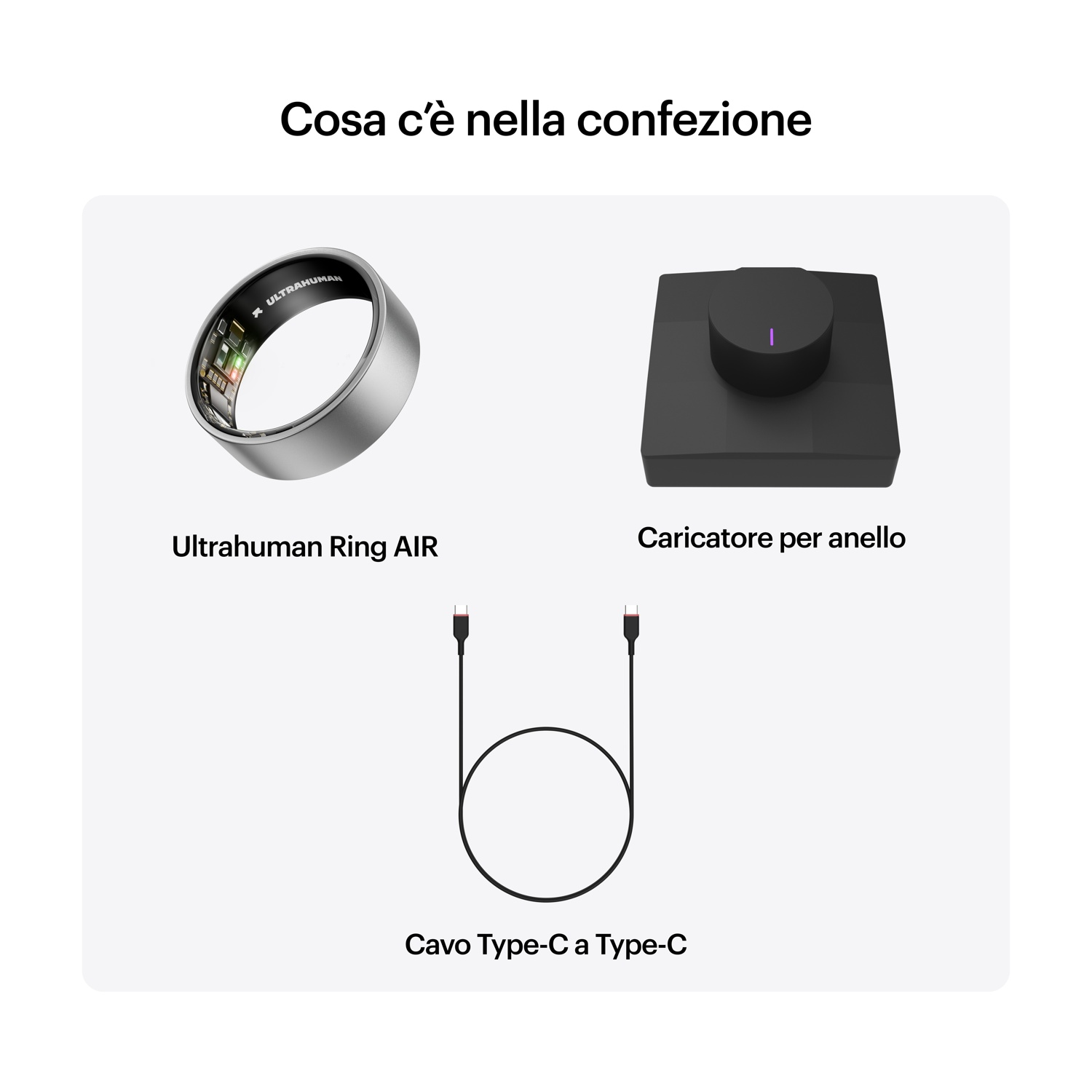 Ultrahuman Ring AIR, caricatore e cavo USB-C in confezione.