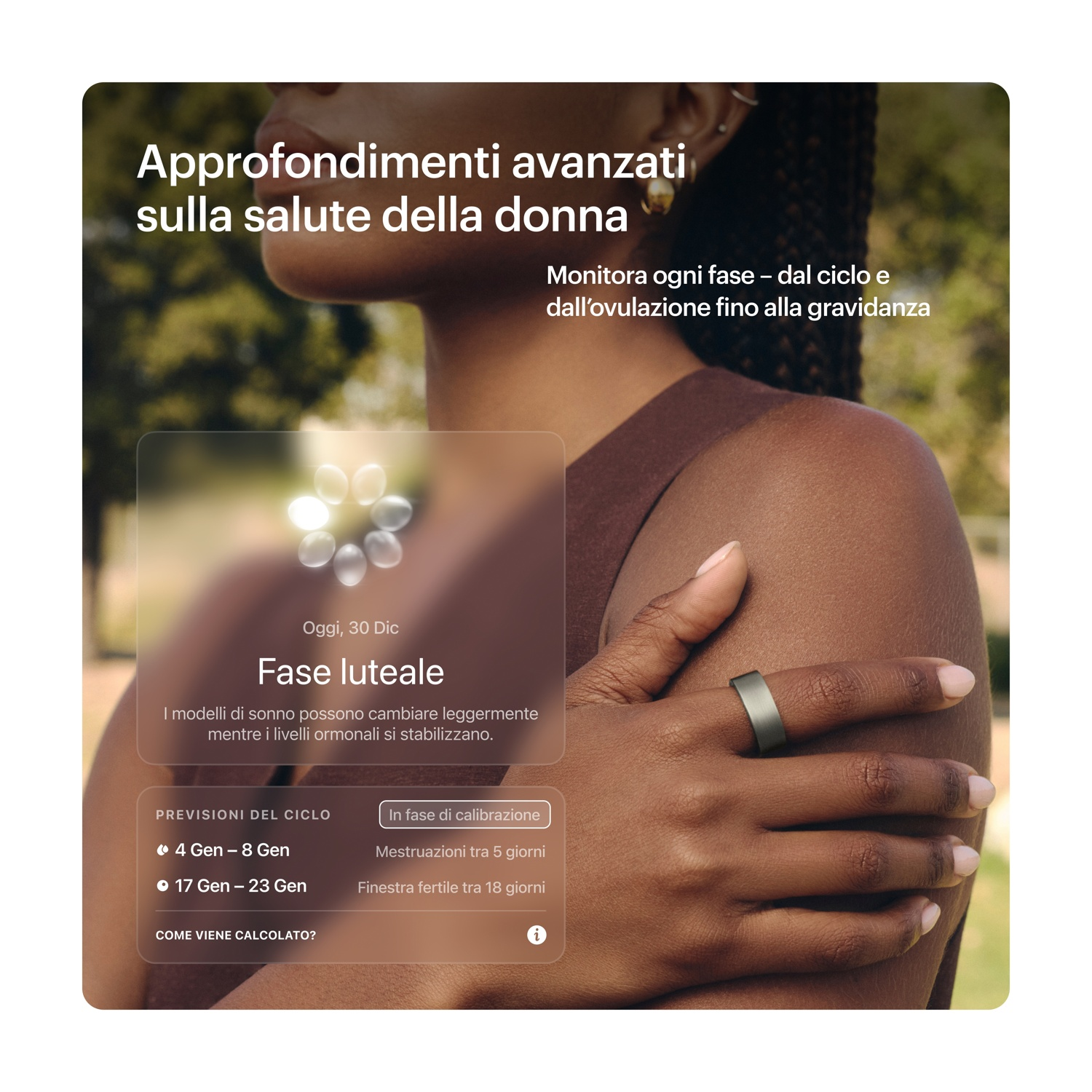 Una donna indossa un anello. Lo schermo mostra dati del ciclo e salute femminile.
