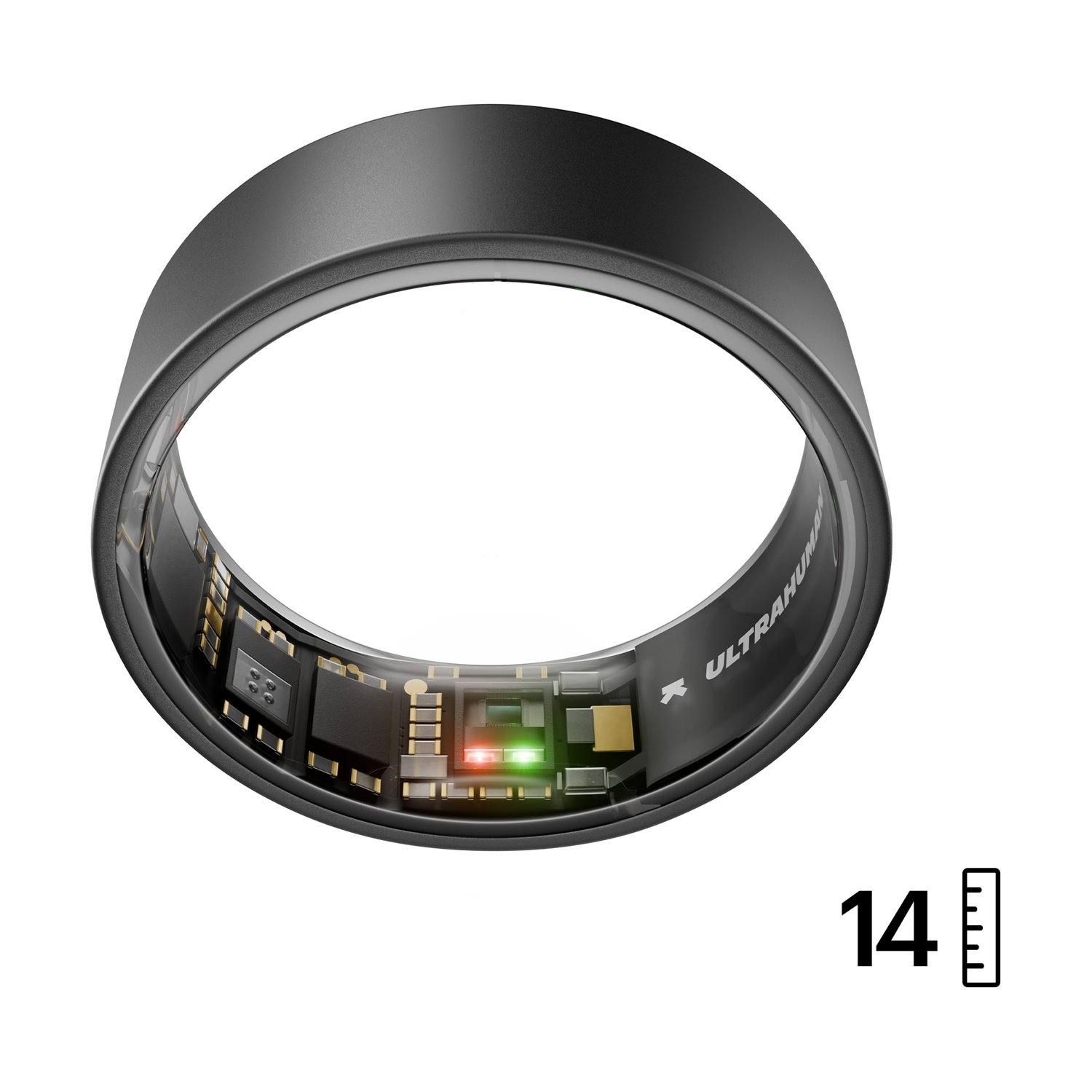 Un anello nero mostra elettronica interna e display '14'.