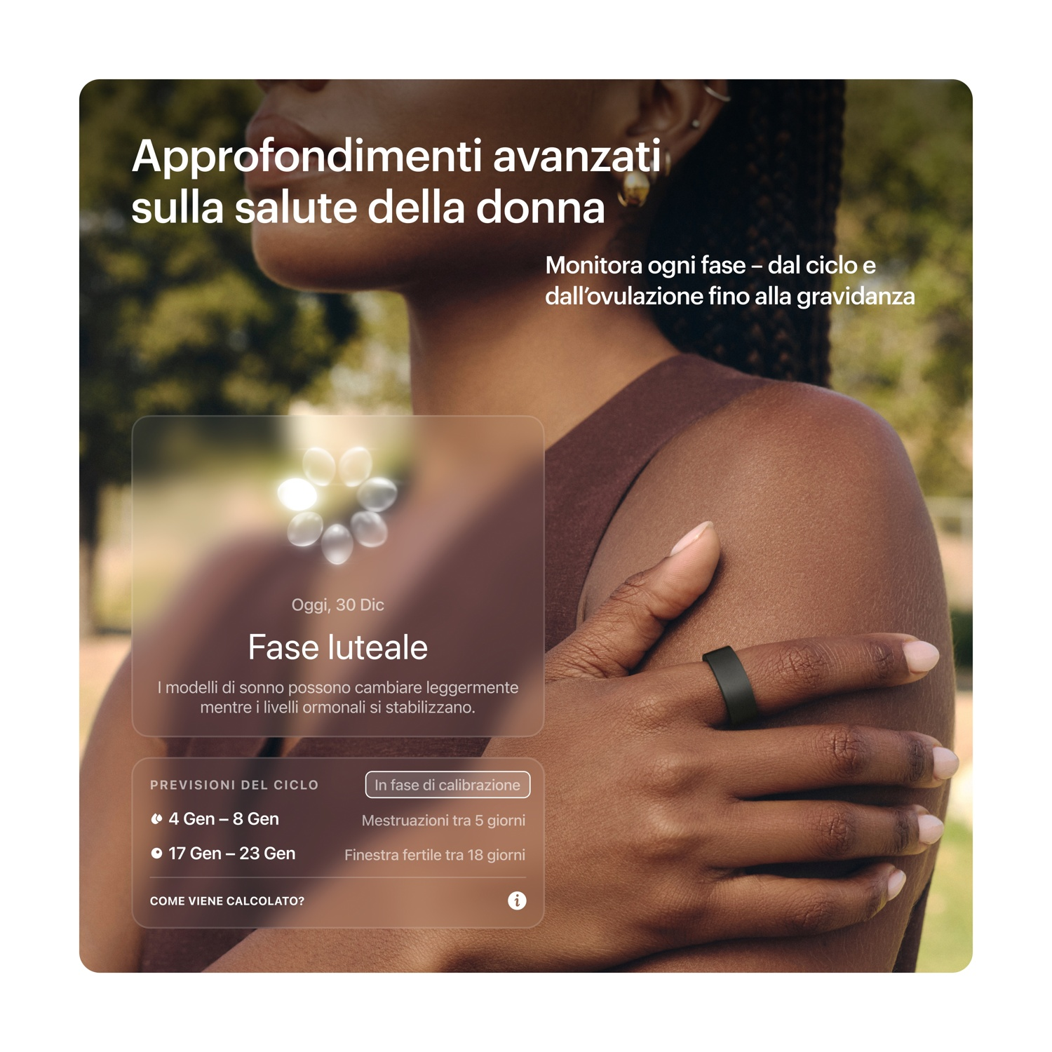 Donna con anello nero mostra dati del ciclo della fase luteale.