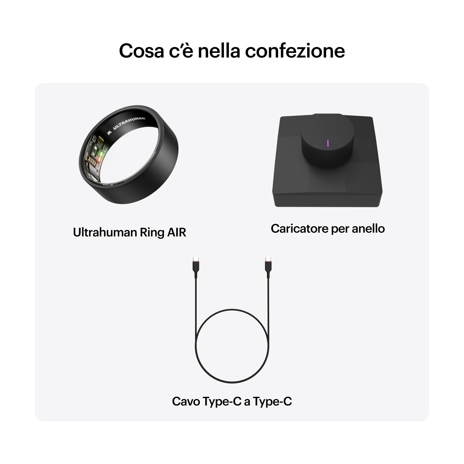 Ultrahuman Ring AIR, caricatore e cavo USB-C su sfondo bianco.