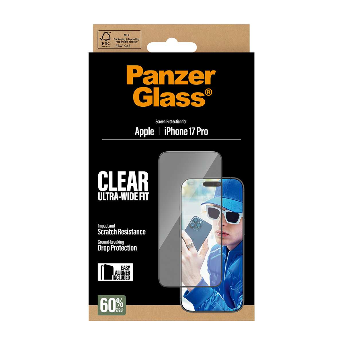 Verpackung für Panzer Glass iPhone 17 Pro Displayschutzfolie mit Mann und Handy.