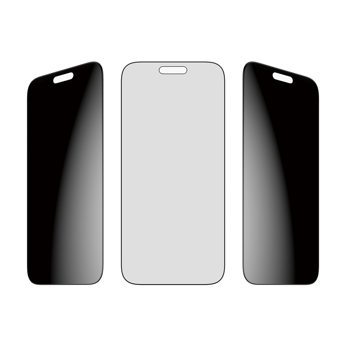 Drei Displayschutzfolien für Smartphones, eine in der Mitte, zwei seitlich.