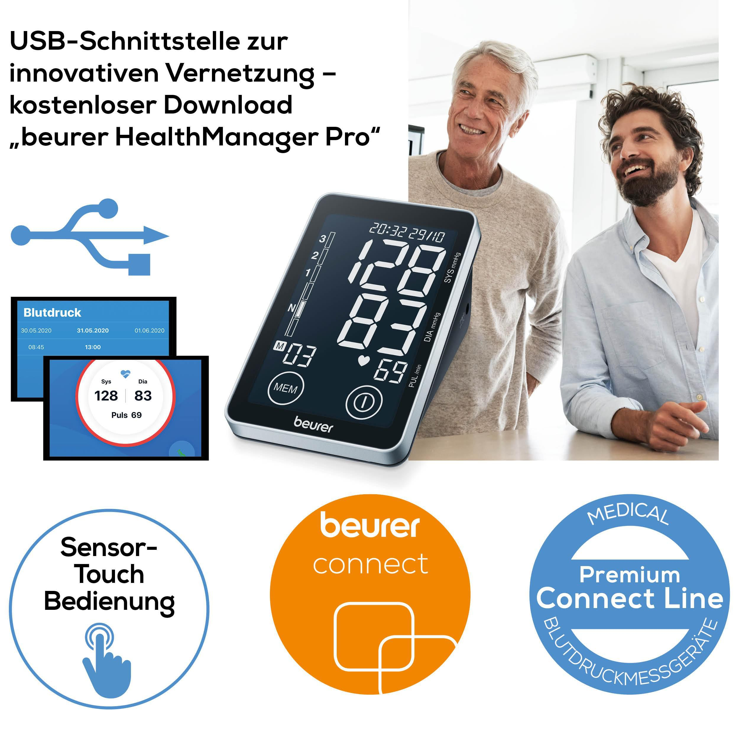 Zwei Männer und ein Blutdruckmessgerät mit USB-Symbol und App-Screenshots.