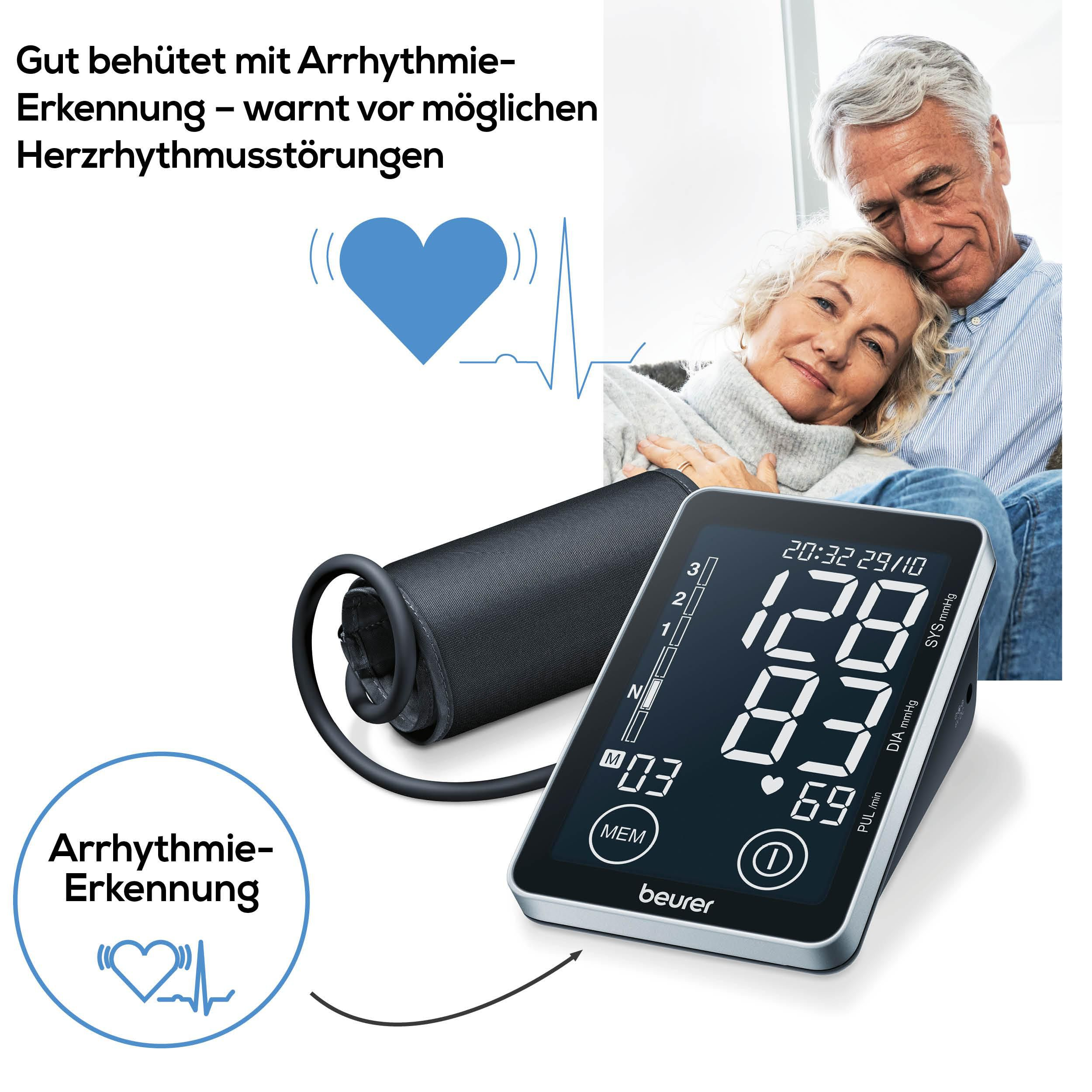 Ein älteres Paar umarmt sich, daneben ein Blutdruckmessgerät und ein Herzsymbol.