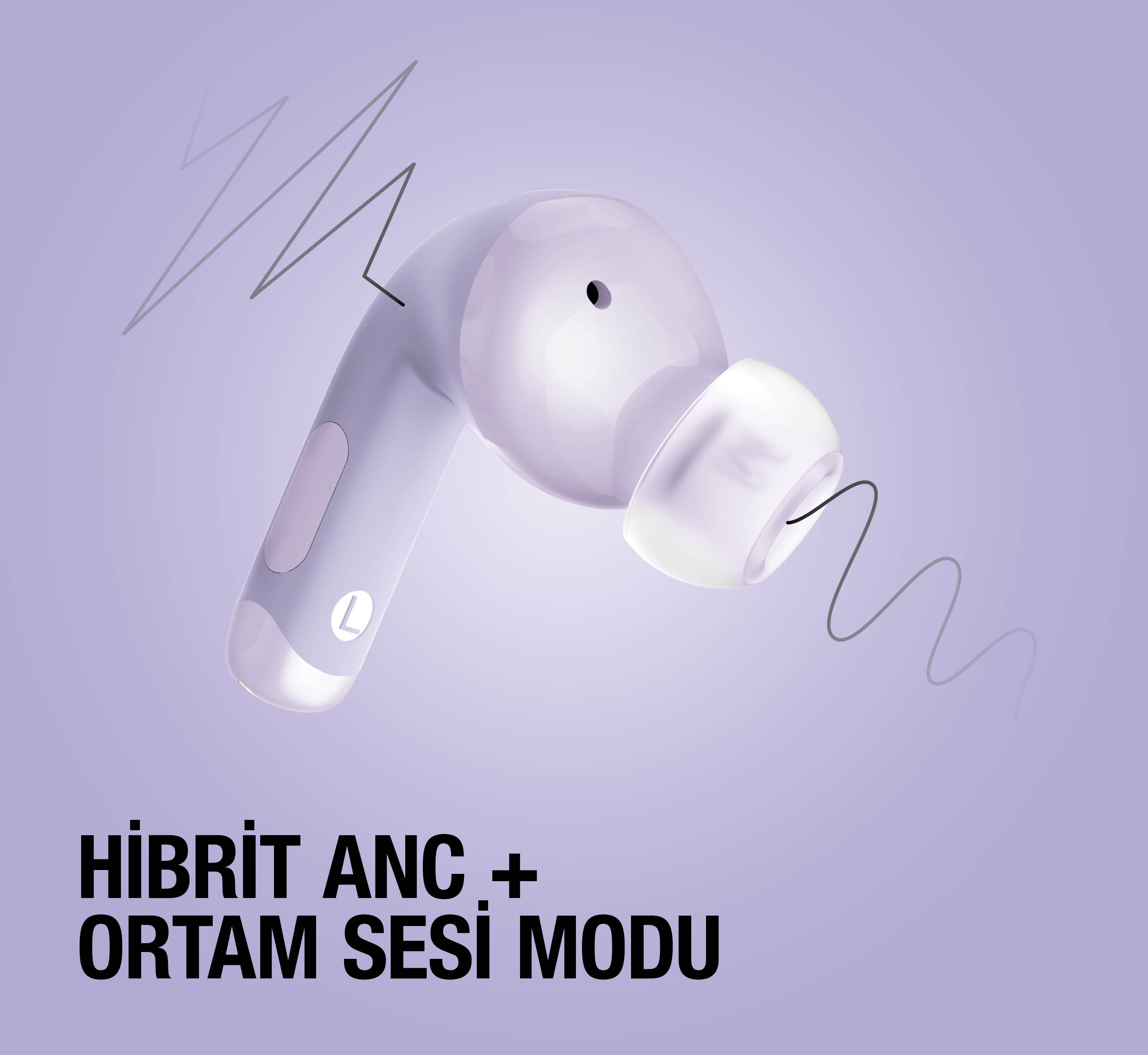 L işaretli, siyah kablolu, açık mor renkte bir kulaklık.