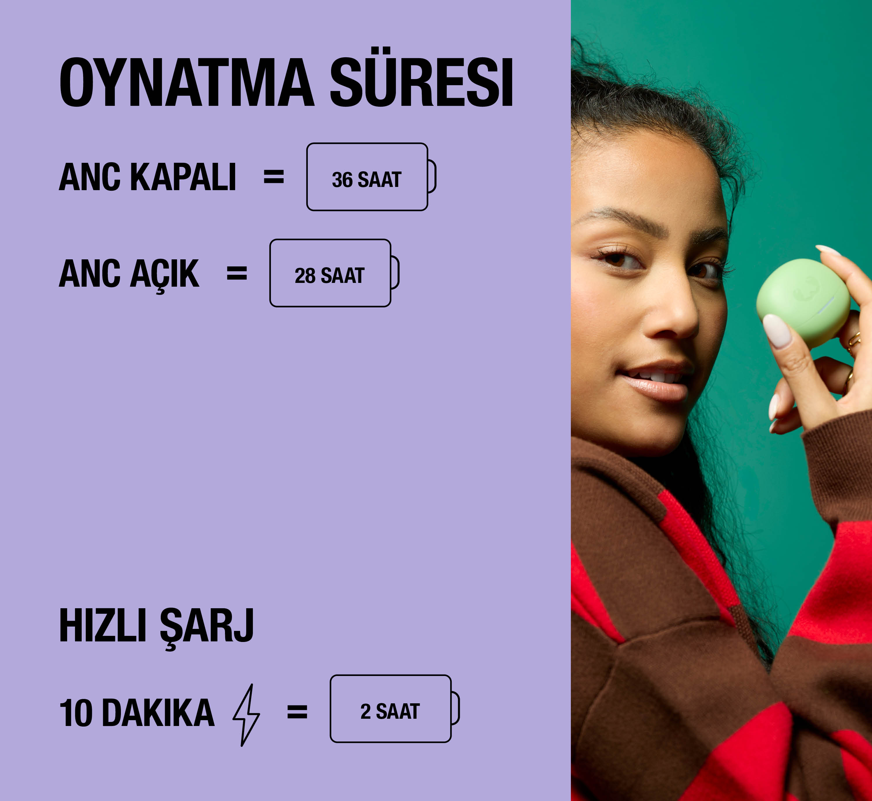 Kadın yeşil kılıf tutuyor, oynatma süresi ve şarj seçenekleri metni.