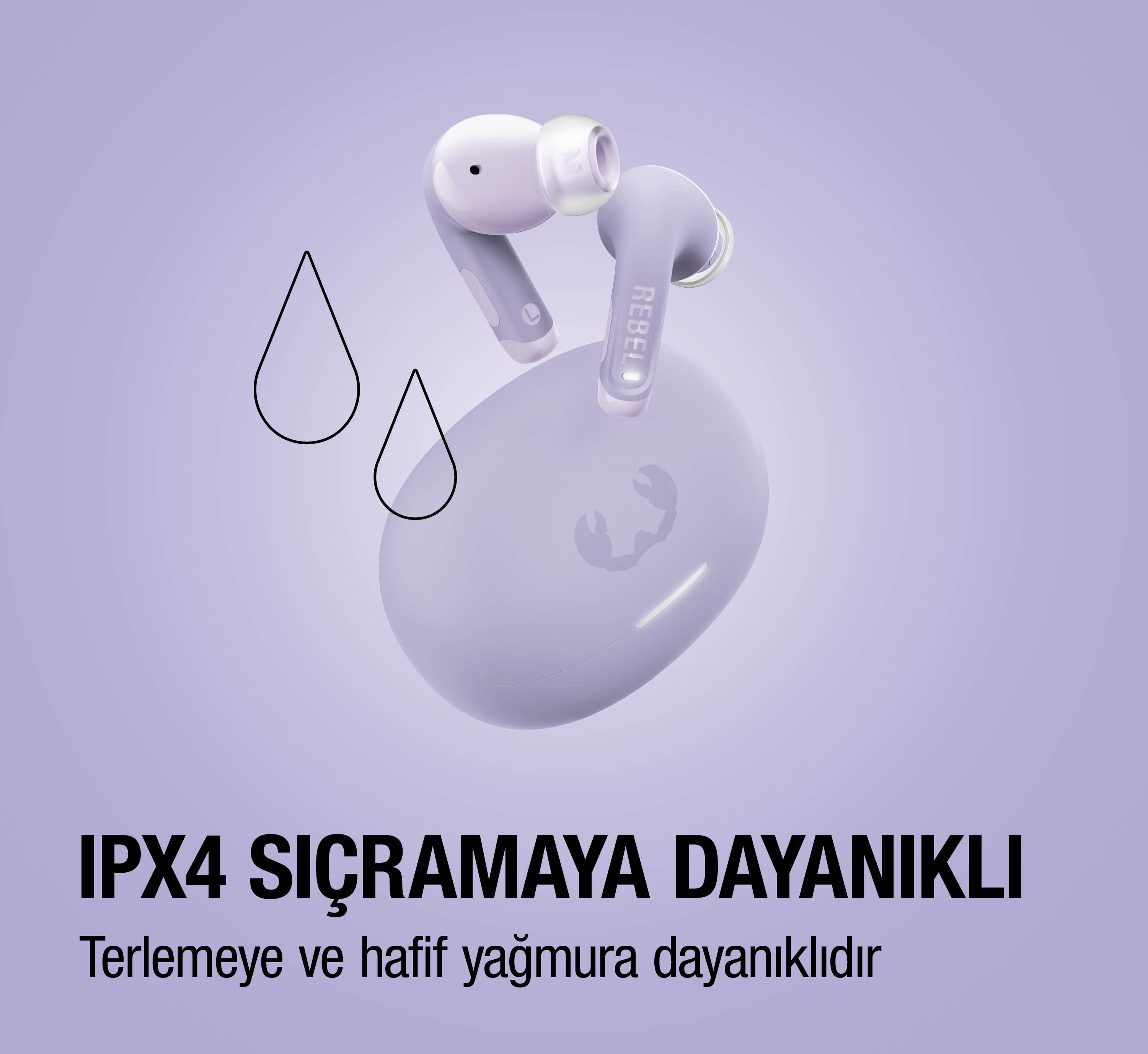 Şarj kutulu mor kulaklıklar, sıçramaya dayanıklı, su damlası simgeleriyle.