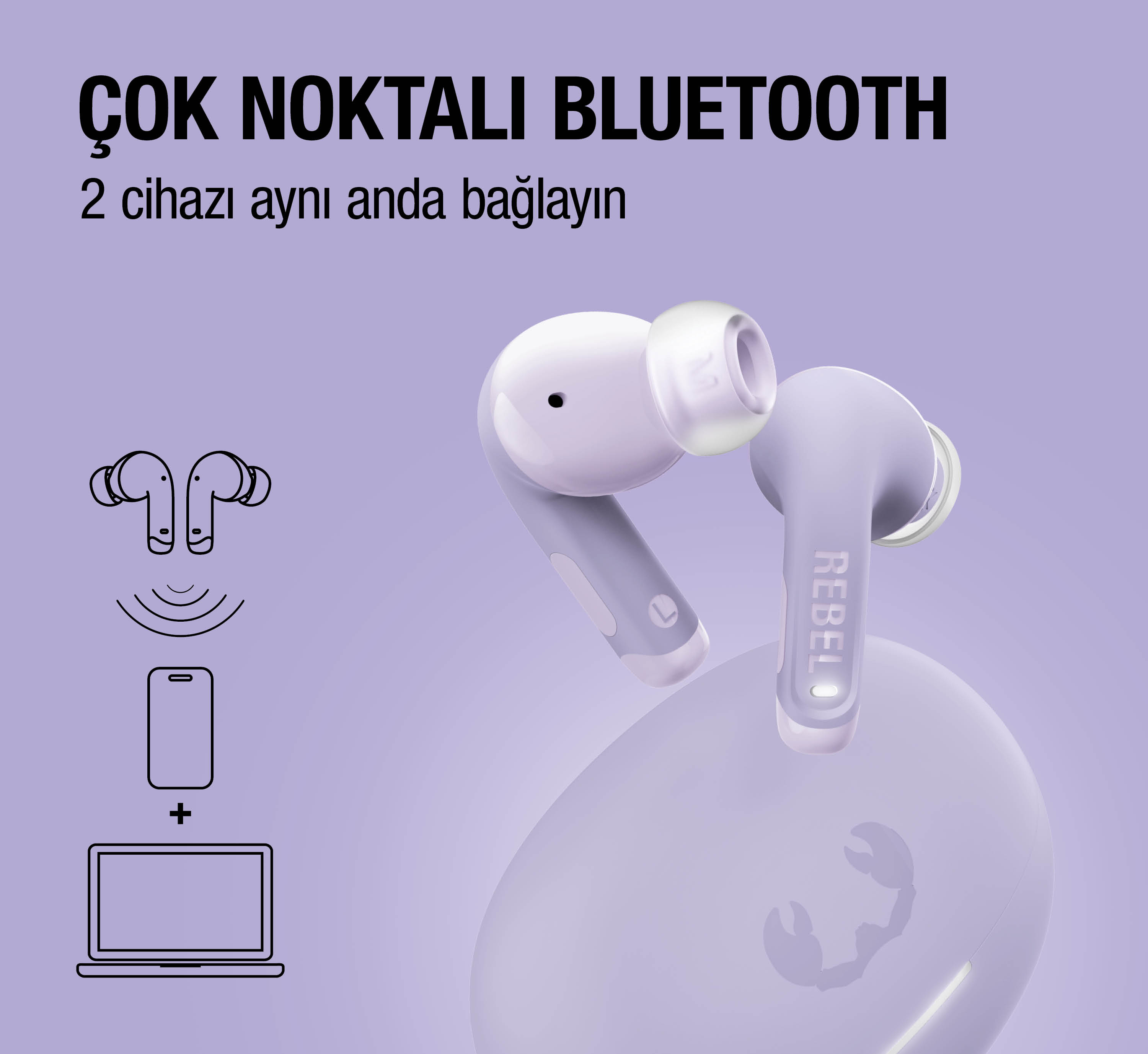 Lavanta rengi kulaklıklar şarj kutusuyla, yakında Bluetooth, akıllı telefon ve dizüstü bilgisayar simgeleri.