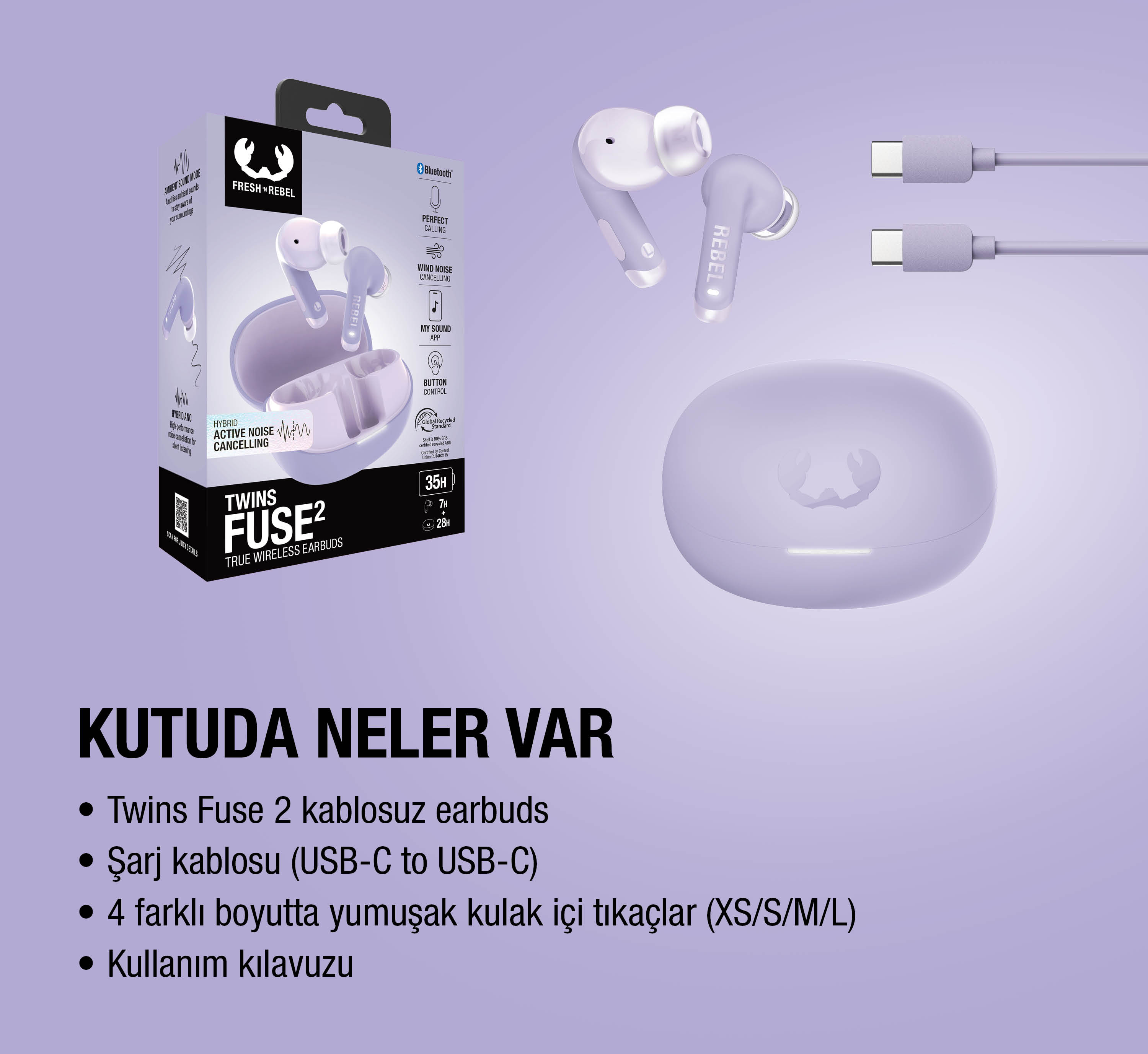Lavanta rengi arka planda, şarj kutusu ve kablolarıyla birlikte mor Fresh 'n Rebel Twins Fuse 2 kulaklıklar.