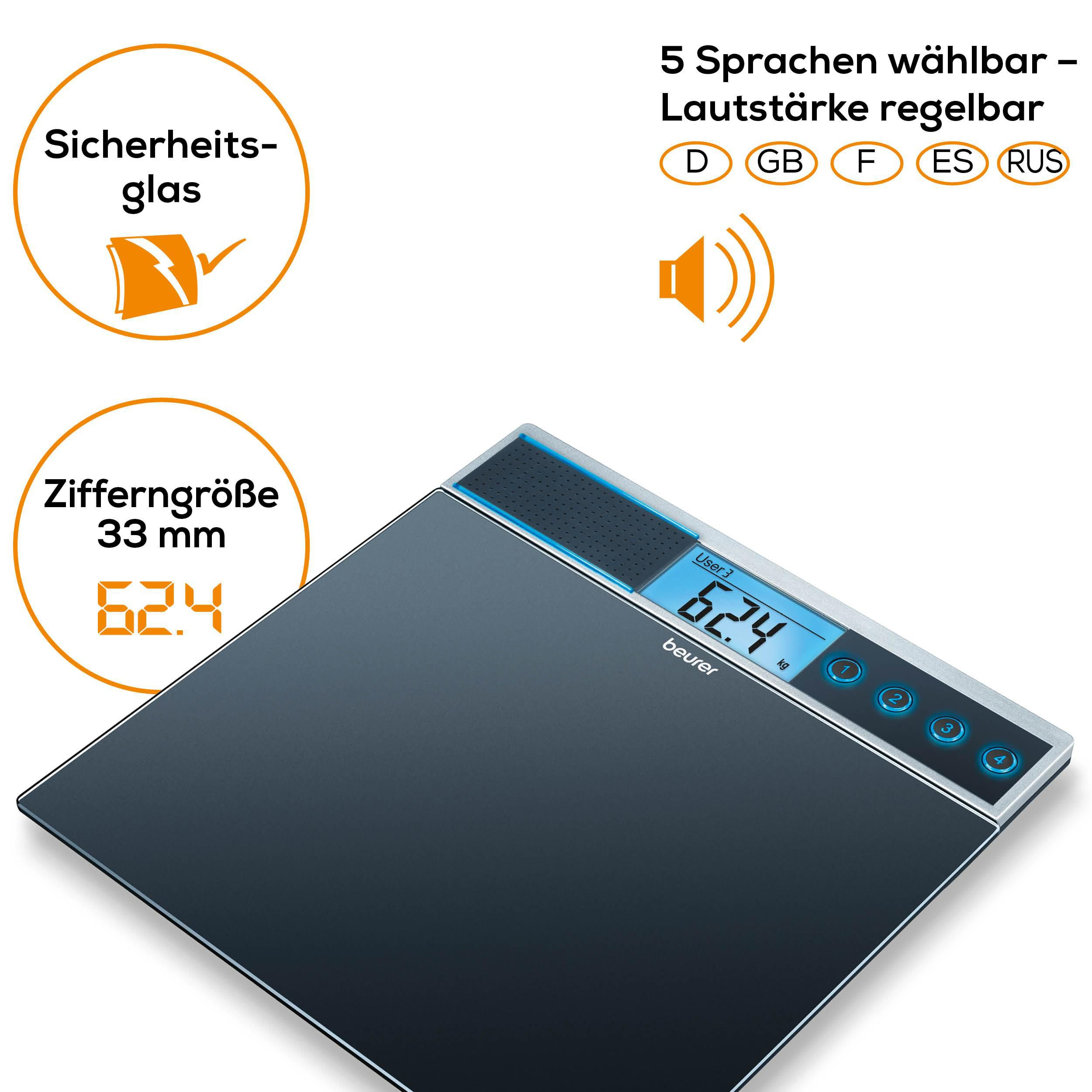 Moderne digitale Personenwaage mit Glasoberfläche und blauer LCD-Anzeige.
