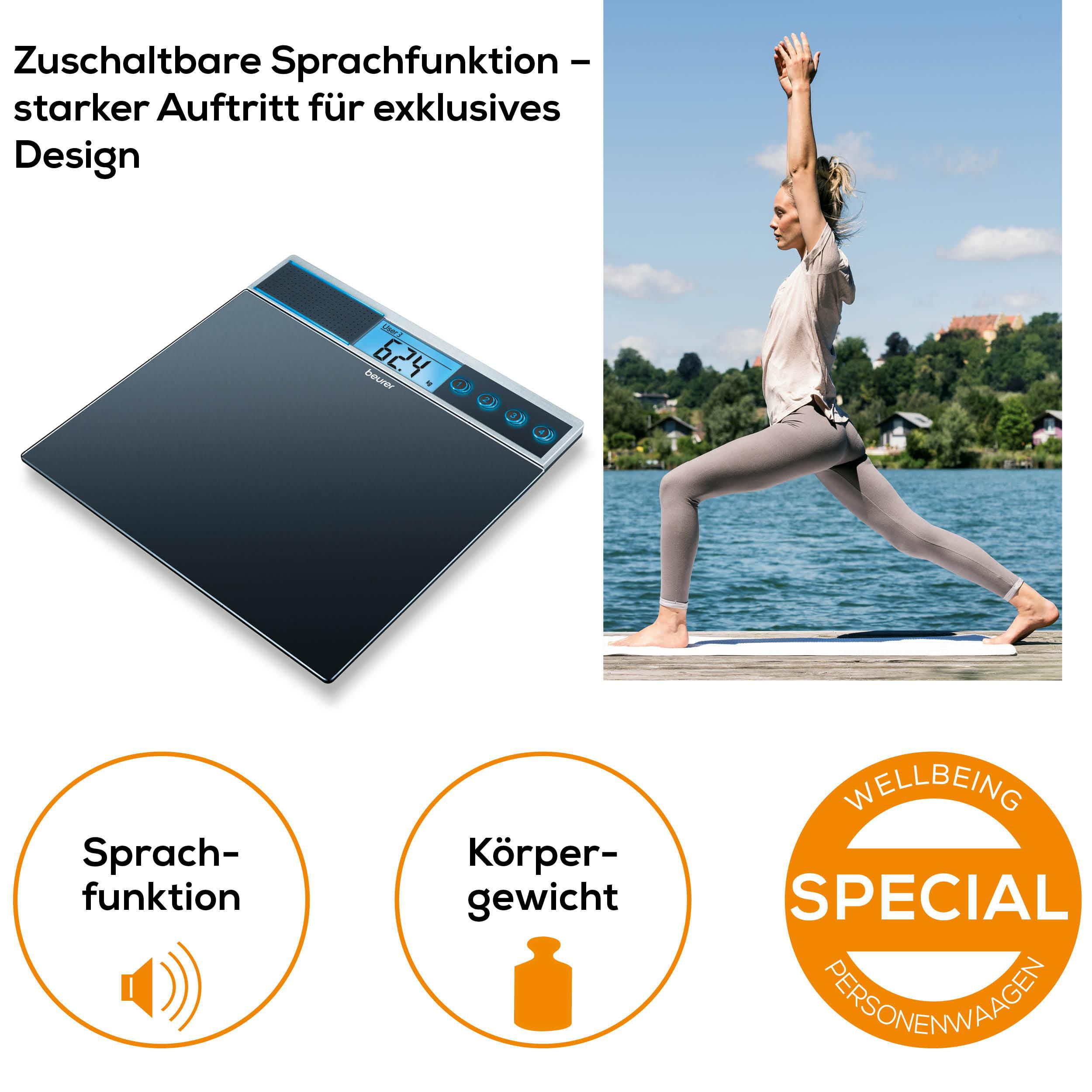 Digitalwaage mit Sprachfunktion und Frau in Yoga-Pose am See.