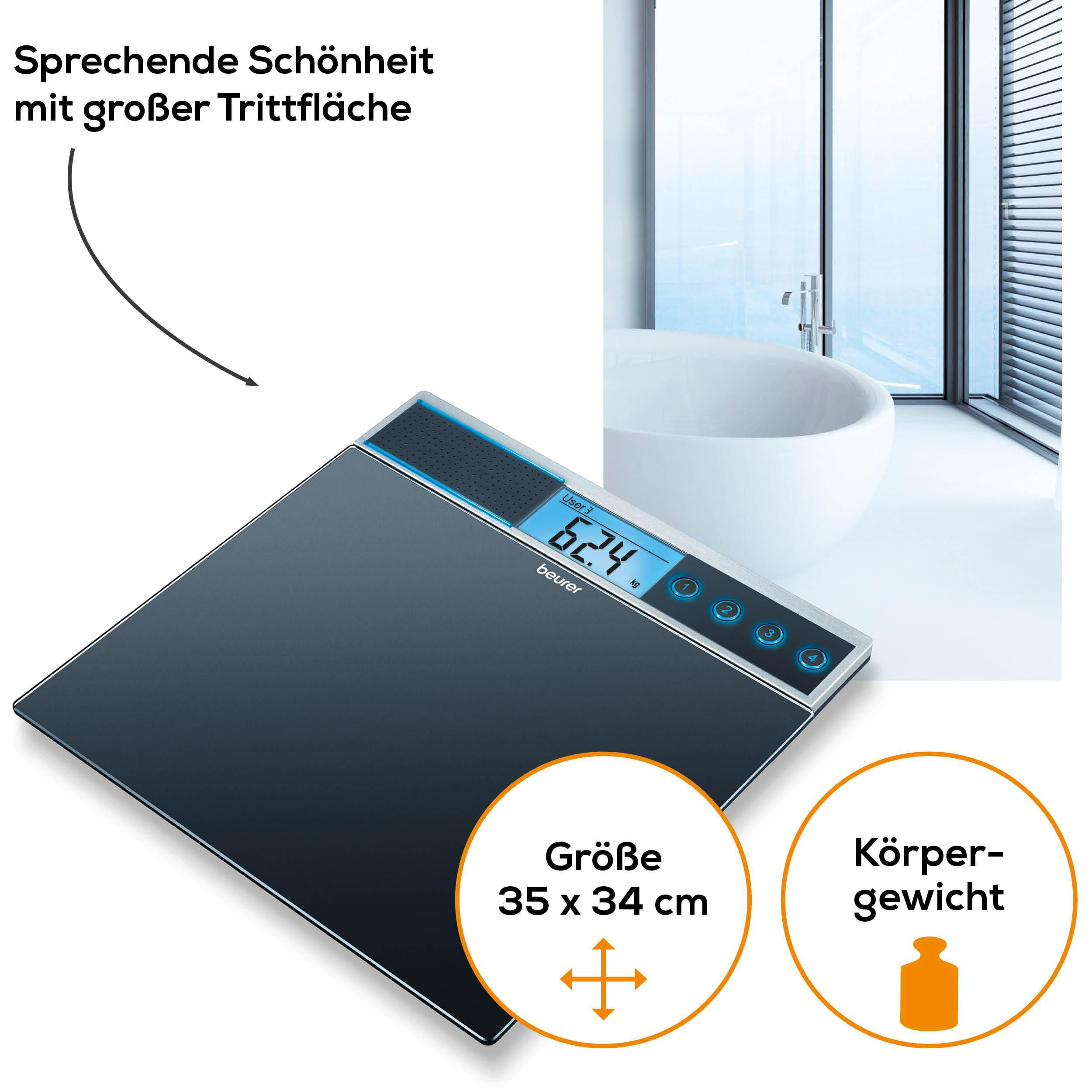 Schwarze Personenwaage mit digitaler Anzeige, zeigt 62,4 kg an.