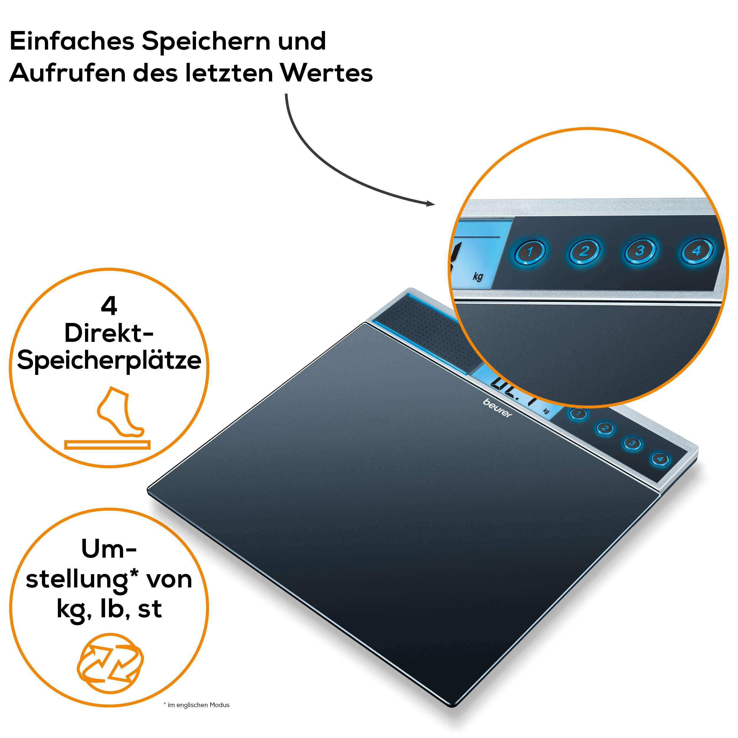 Schwarze Personenwaage mit beleuchteten Tasten für Speicherplätze und Einheiten.