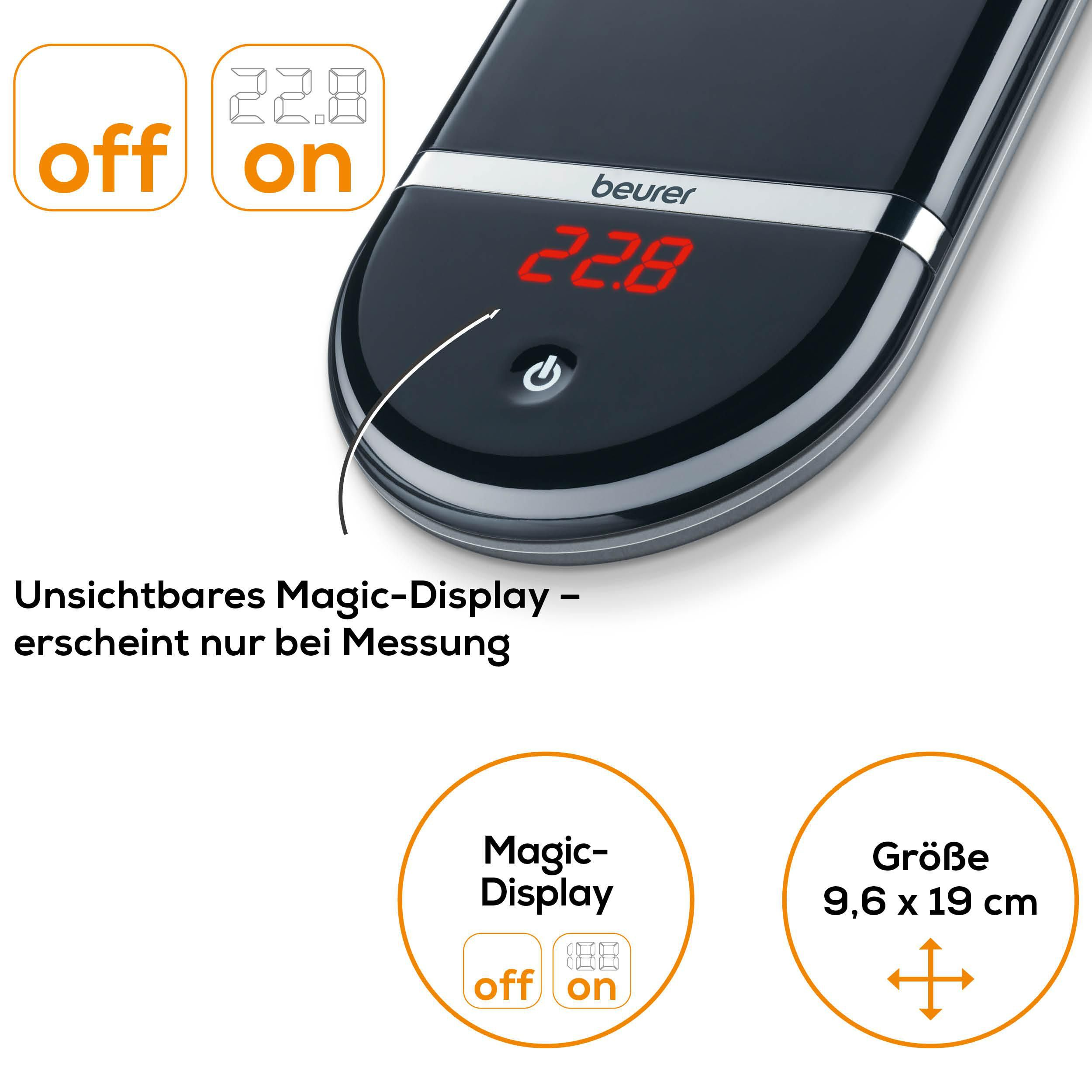 Schwarzes Beurer-Gerät mit rotem LED-Display, zeigt 22.8 an. Icons für Off/On.
