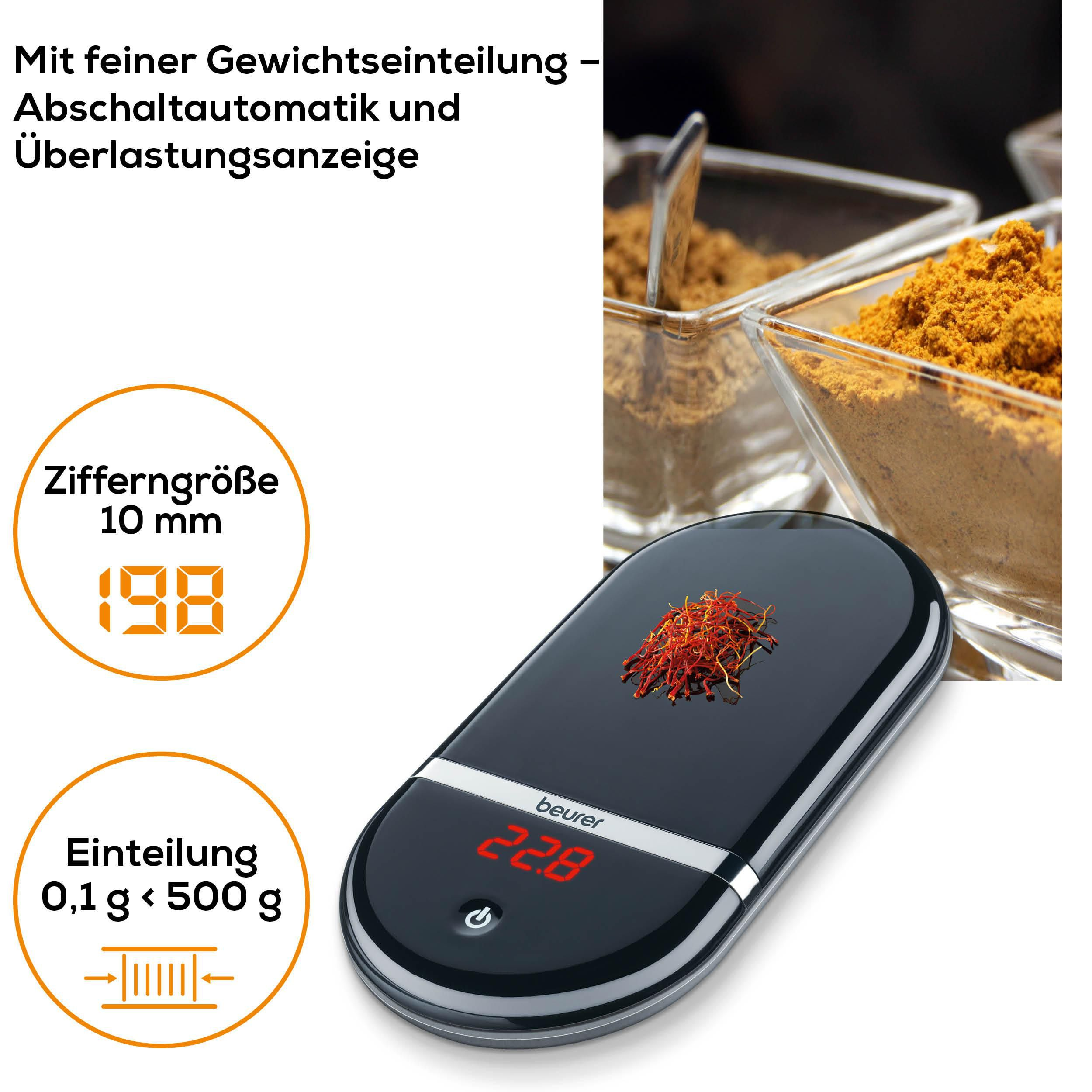 Digitale Waage mit Gewürzen, Zifferngröße 10mm, Einteilung 0,1g-500g.