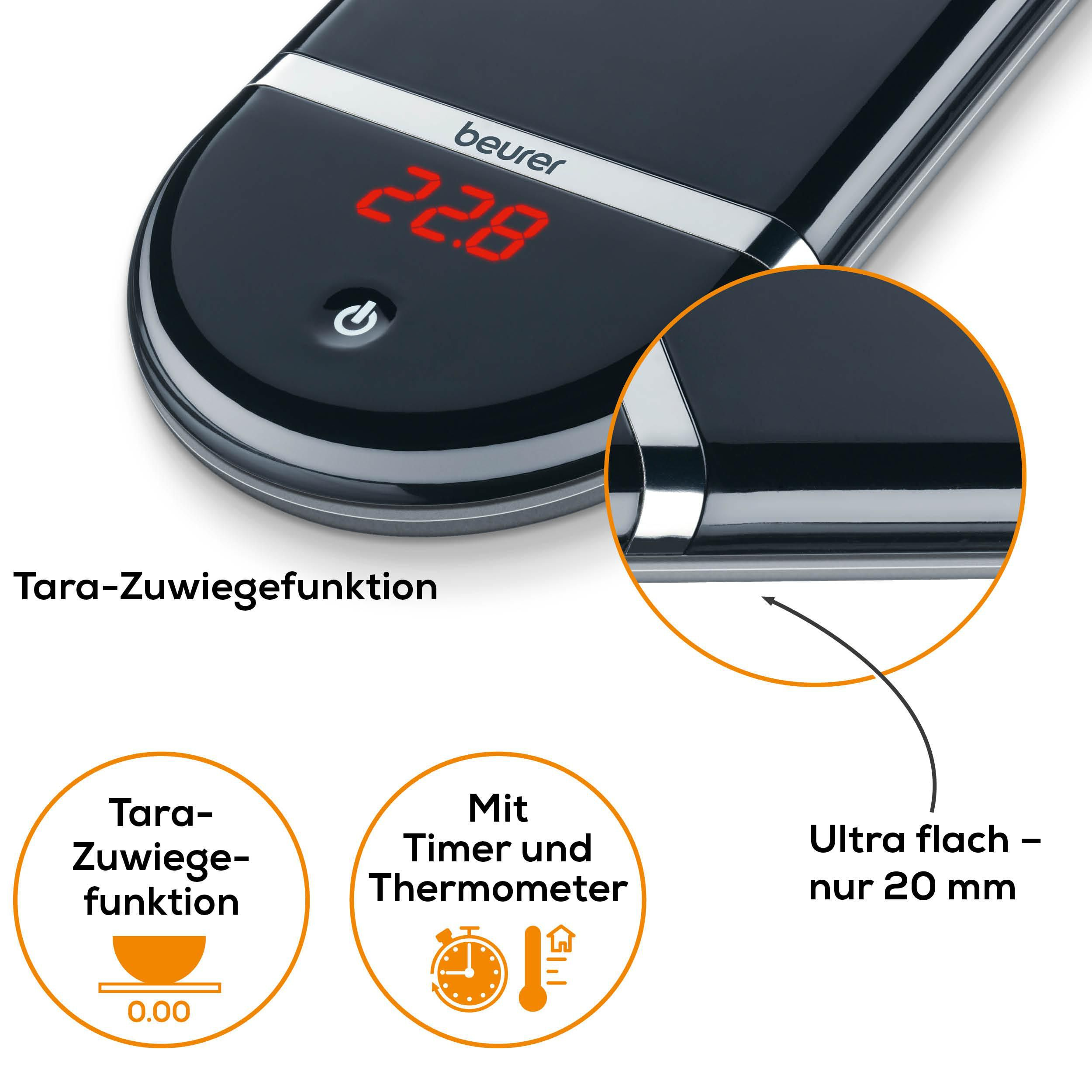 Digitale Waage mit rotem Display, Tara-Funktion, Timer und Thermometer.