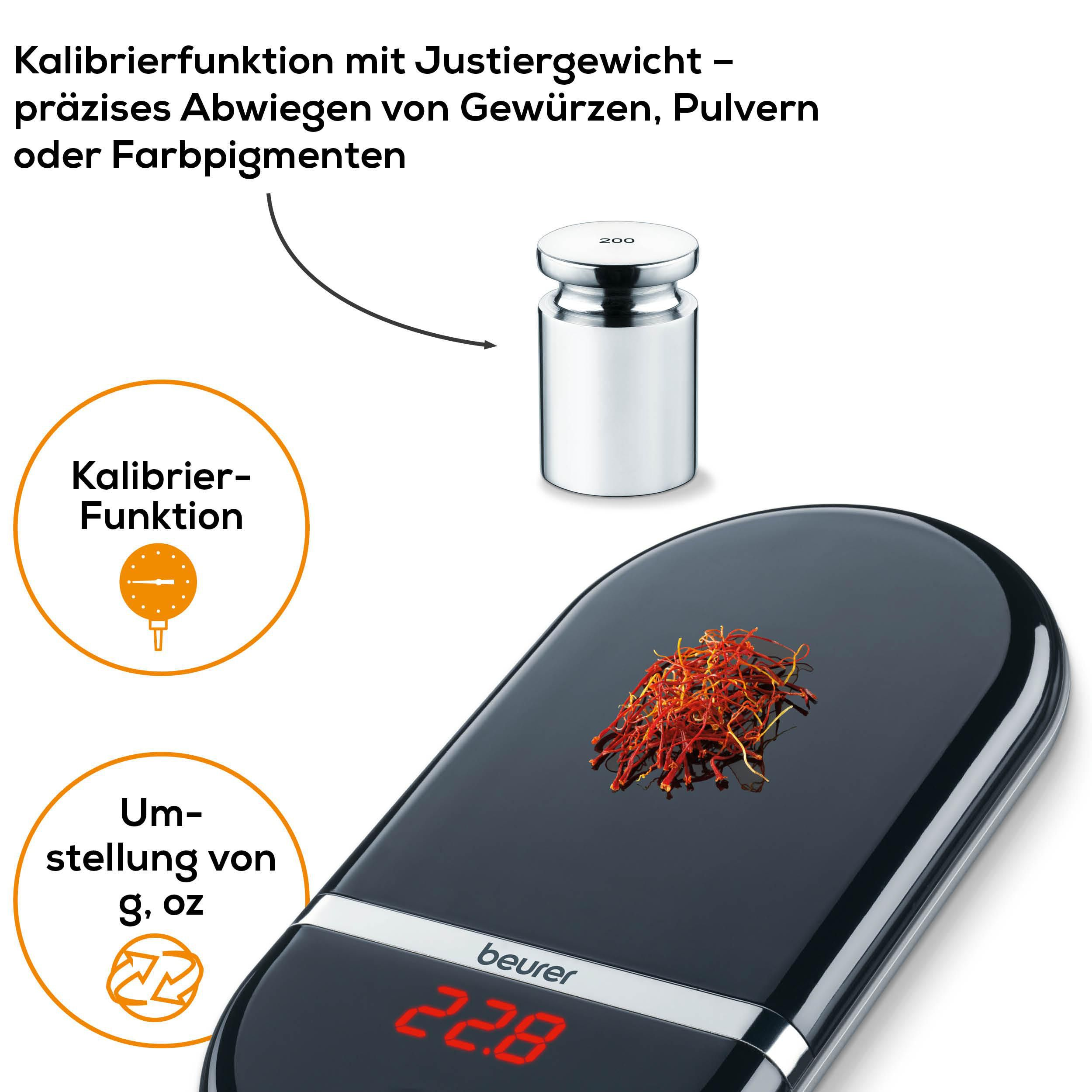 Eine Waage zeigt 22.8g, mit Gewichts- und Kalibrierfunktion-Symbolen.