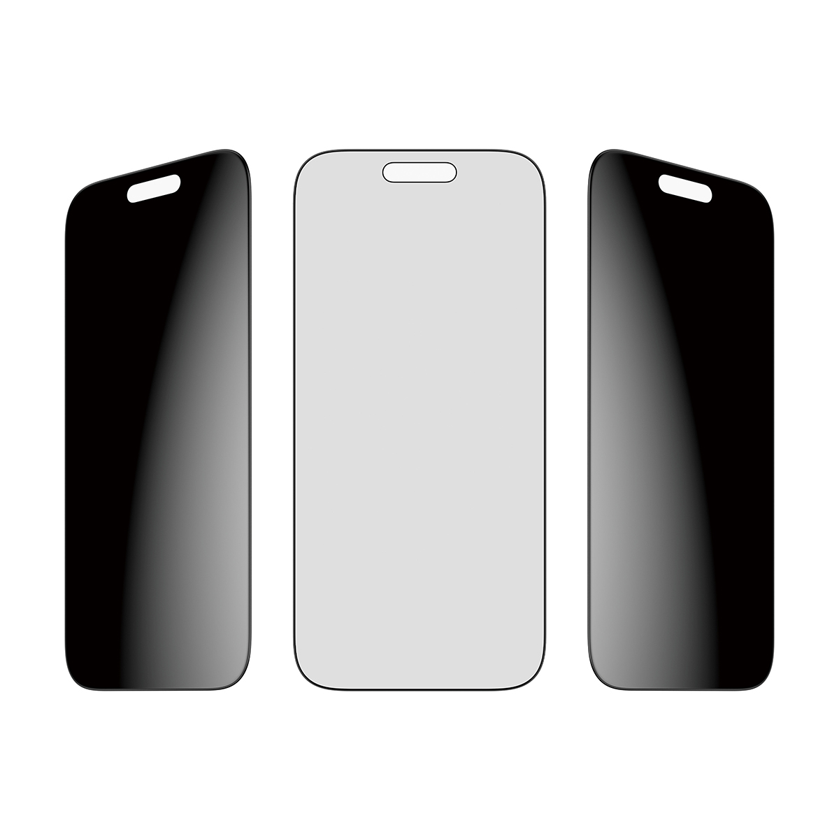 Drei Smartphone-Schutzfolien, drei Ansichten. Zwei schwarz, eine hellgrau.