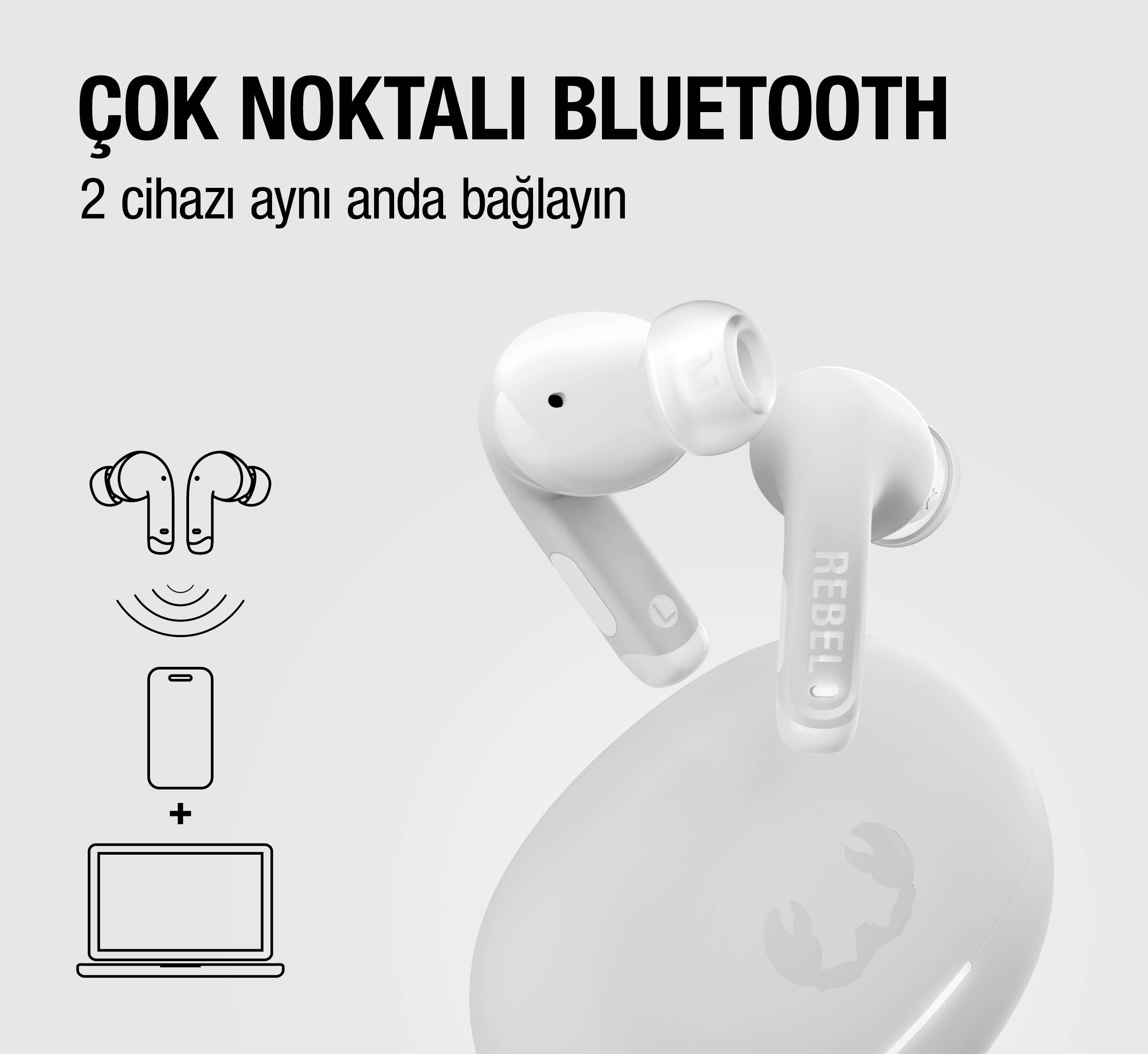 Beyaz kablosuz kulaklıklar şarj kutusu ve telefon ile laptopa bağlantı sembolleri içerir.
