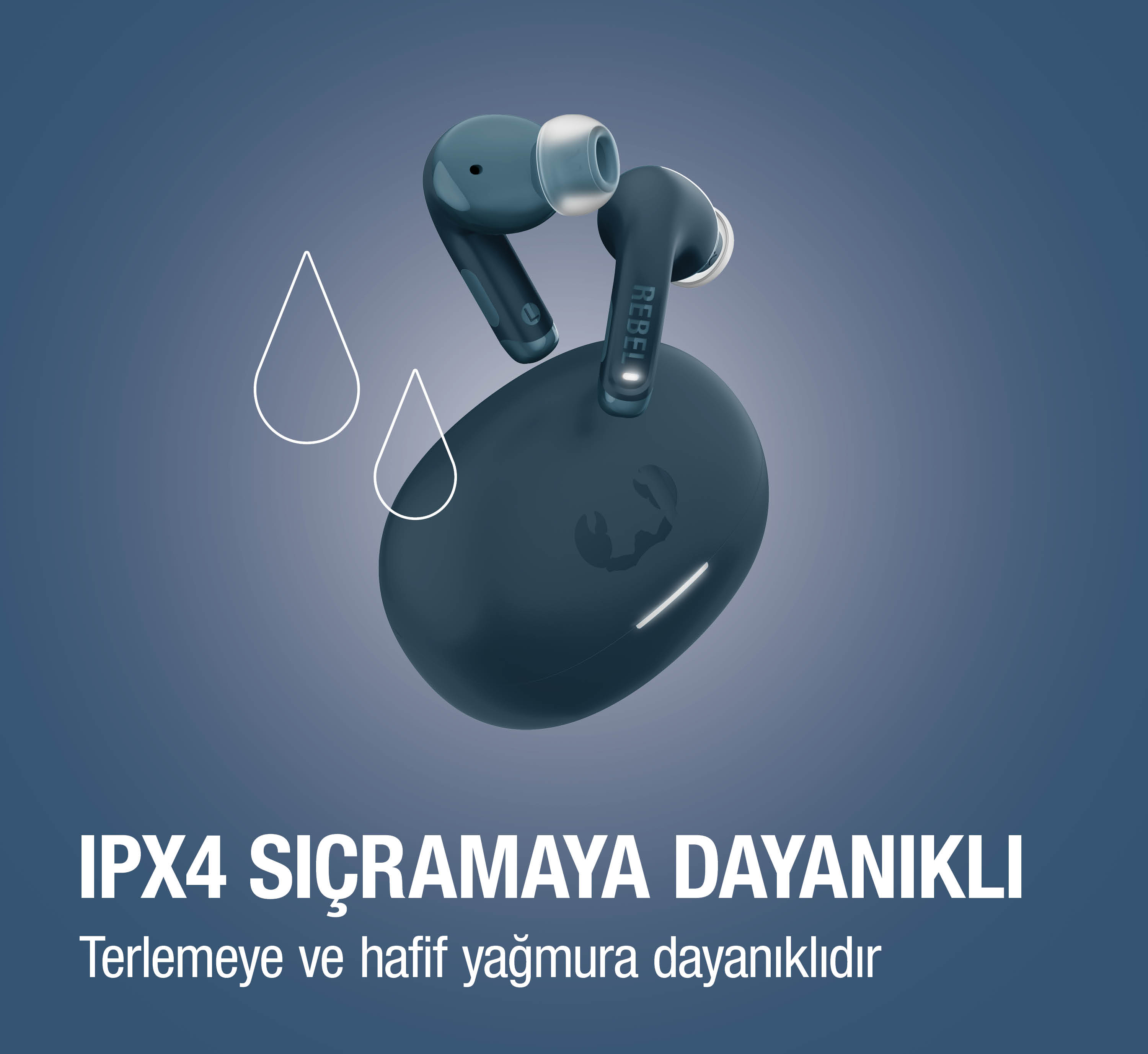 Şarj kutulu, su damlası simgeli koyu mavi kulaklıklar.