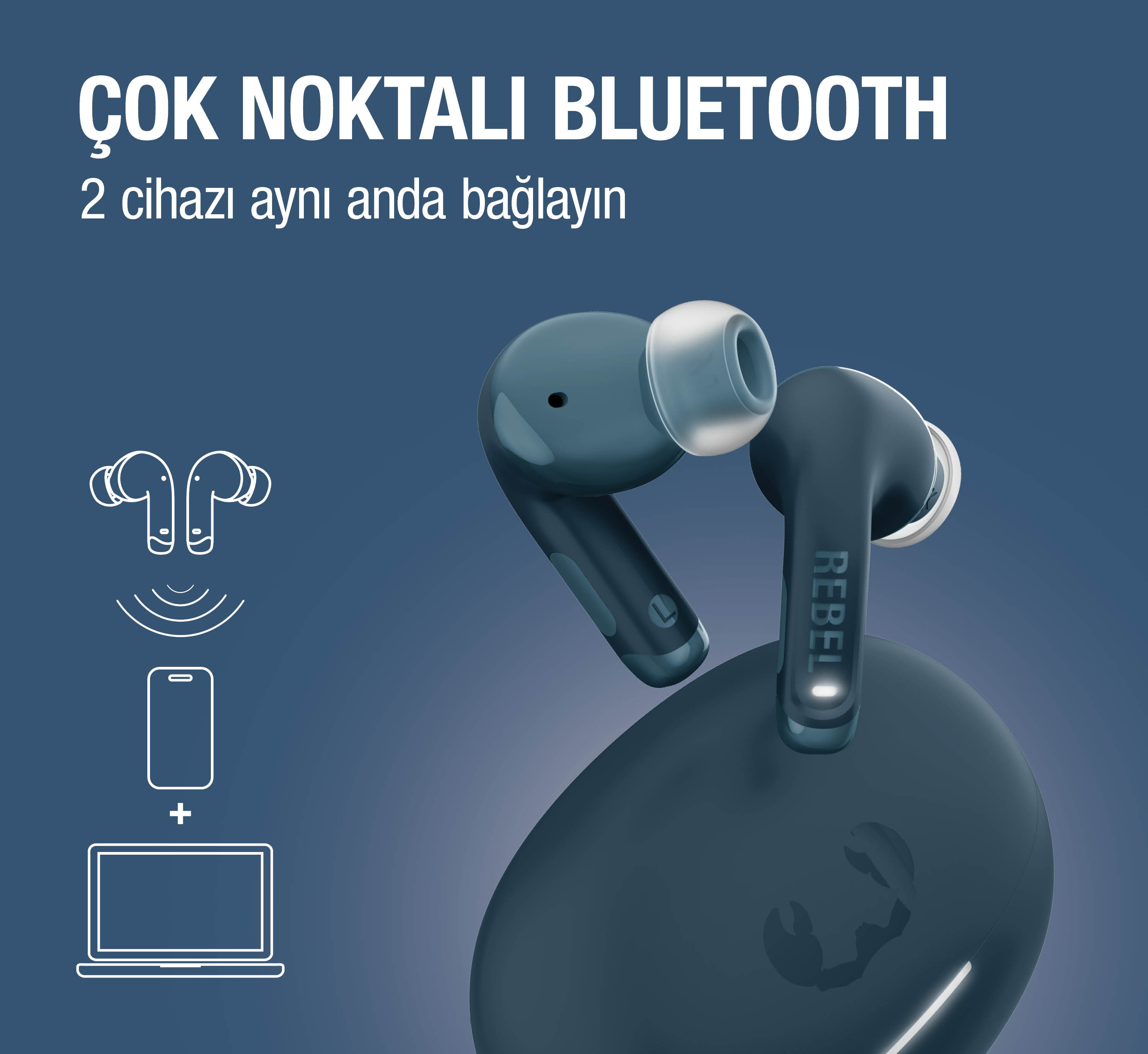 Mavi kablosuz kulaklıklar şarj kutusu ve bağlantı simgeleriyle.