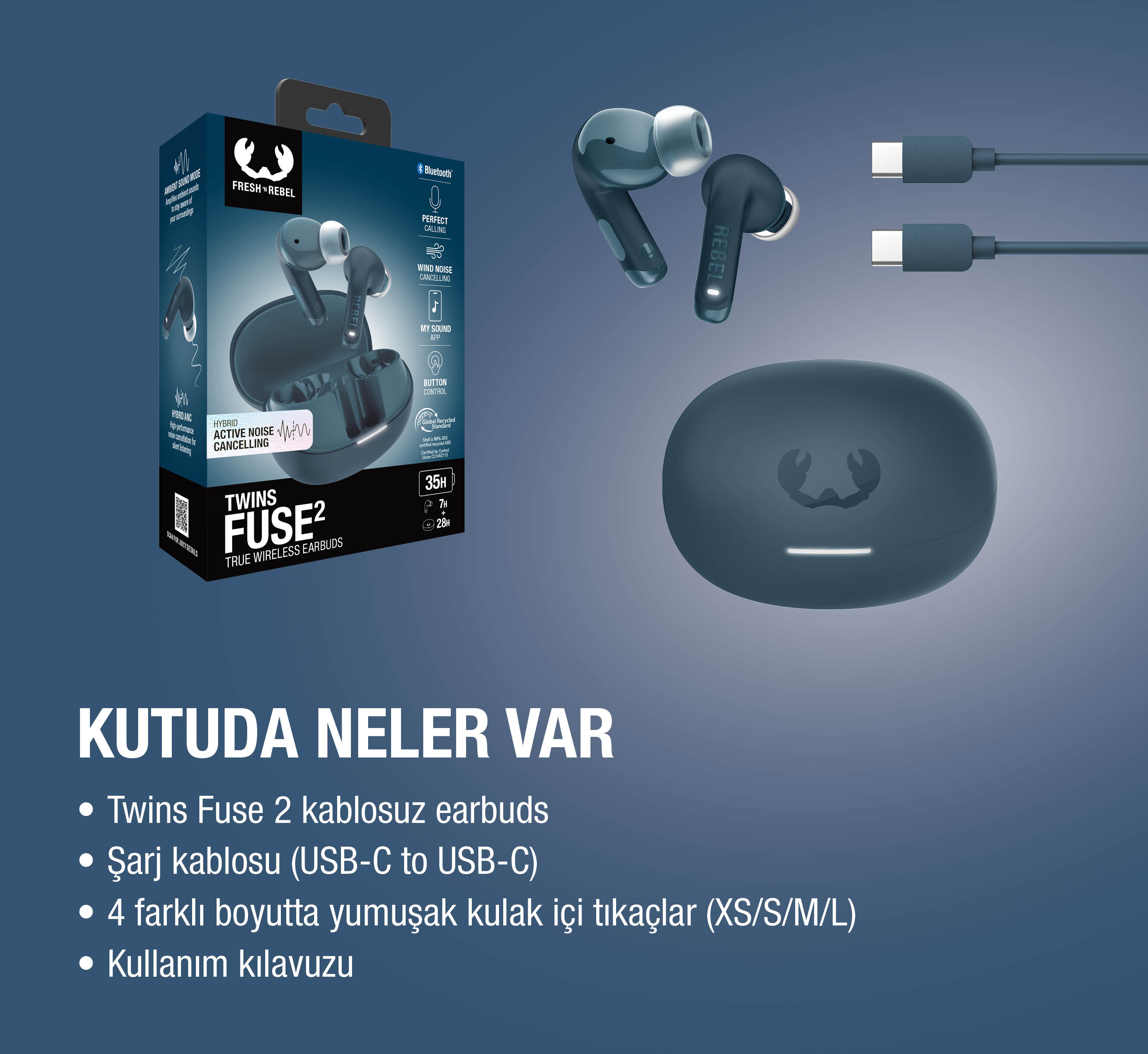 Mavi Fresh 'n Rebel Twins Fuse 2 kulaklıklar şarj kutusu ve kablolarla.