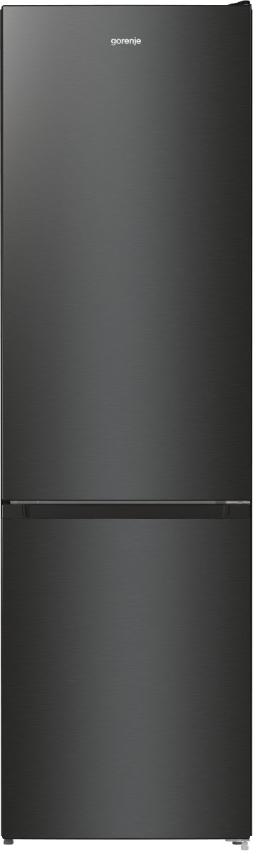 Ciemna lodówka Gorenje z szczotkowanym wykończeniem i dwojgiem drzwi.