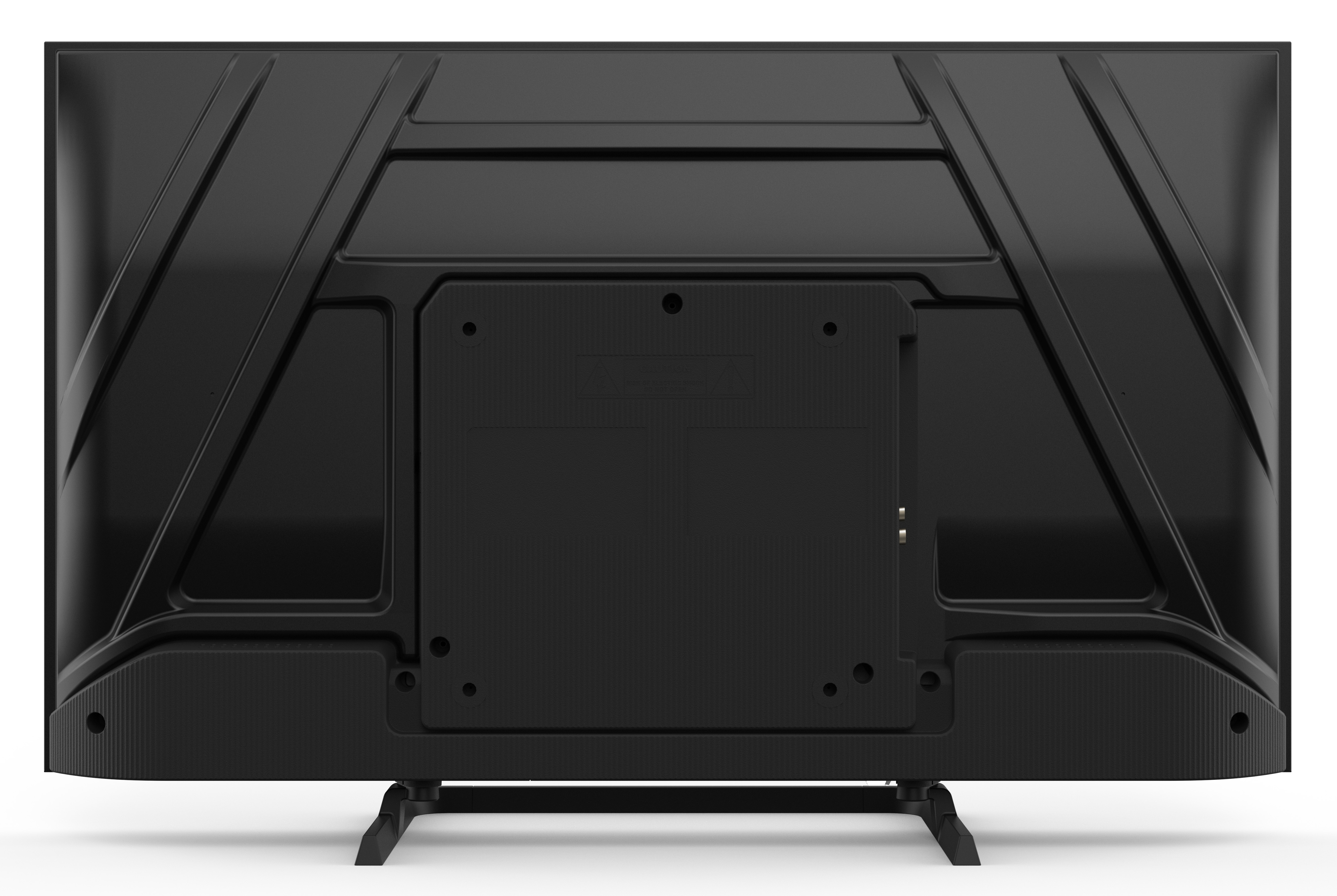 Tył czarnego telewizora ze stojakiem, z teksturowaną obudową.