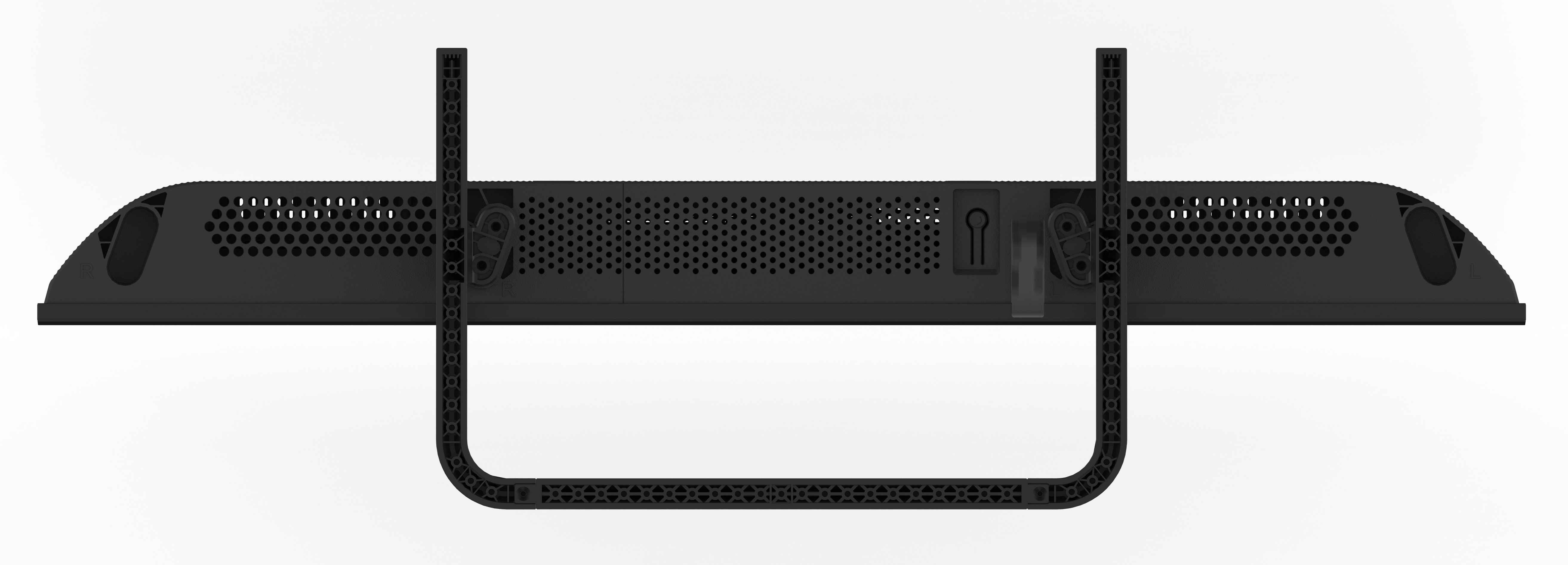 Czarna obudowa elektroniczna z otworami wentylacyjnymi i uchwytem w kształcie litery U.