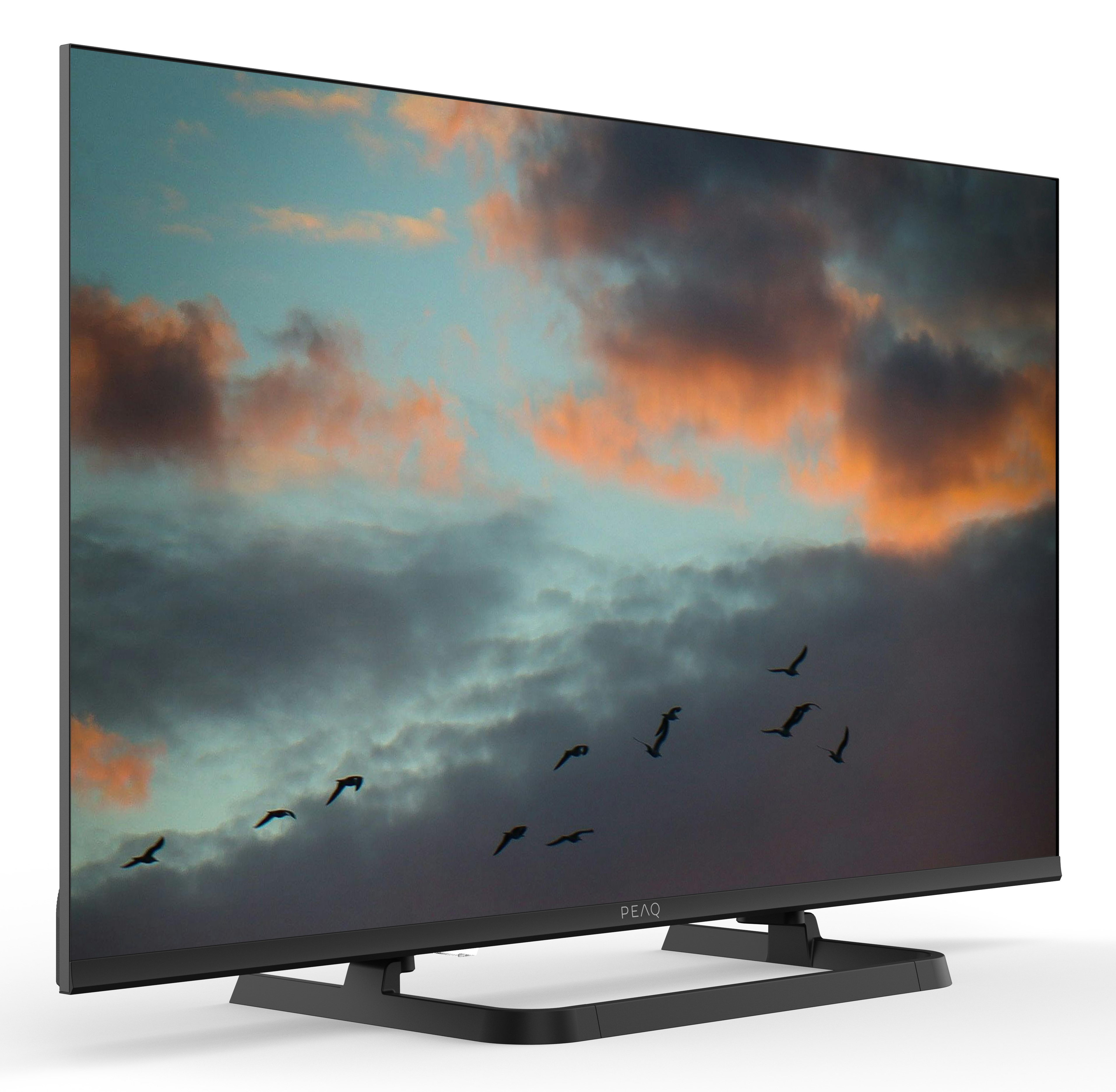Czarny telewizor wyświetla niebo z chmurami i ptakami w locie.
