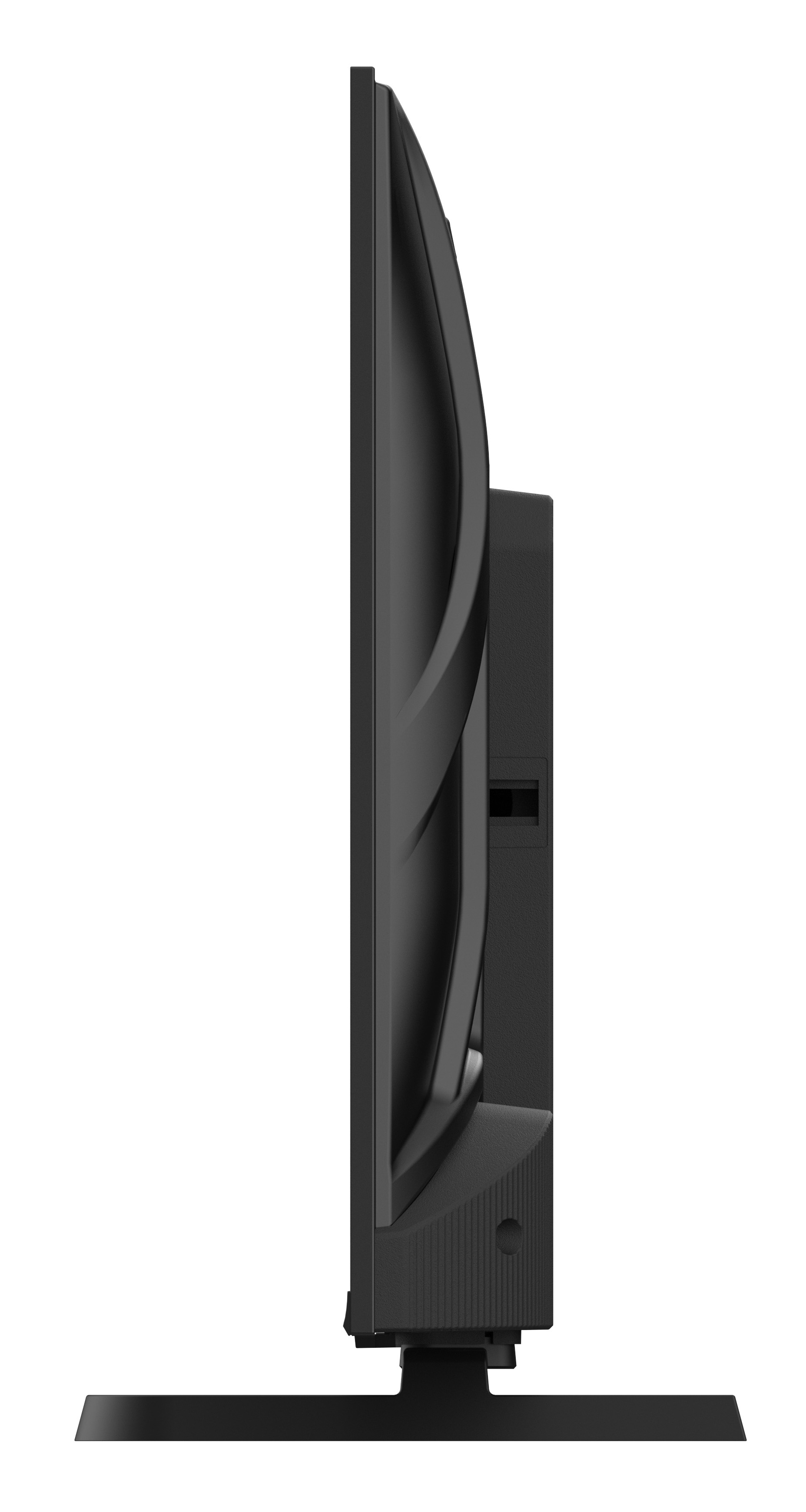 Czarny telewizor z boku ze stojakiem na białym tle.