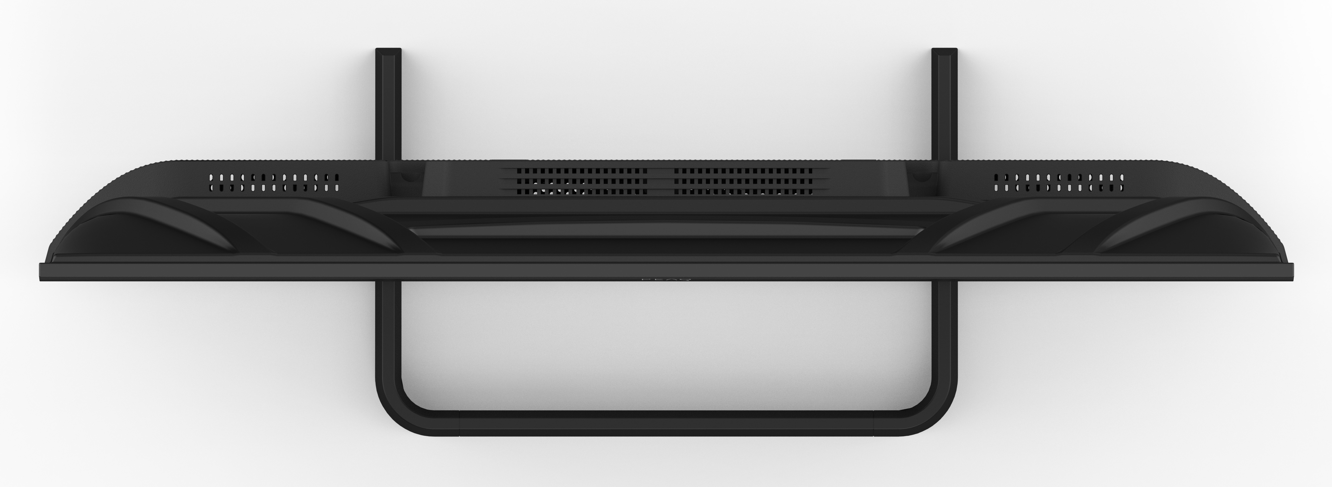 Czarne urządzenie z otworami wentylacyjnymi i stojakiem w kształcie litery U.