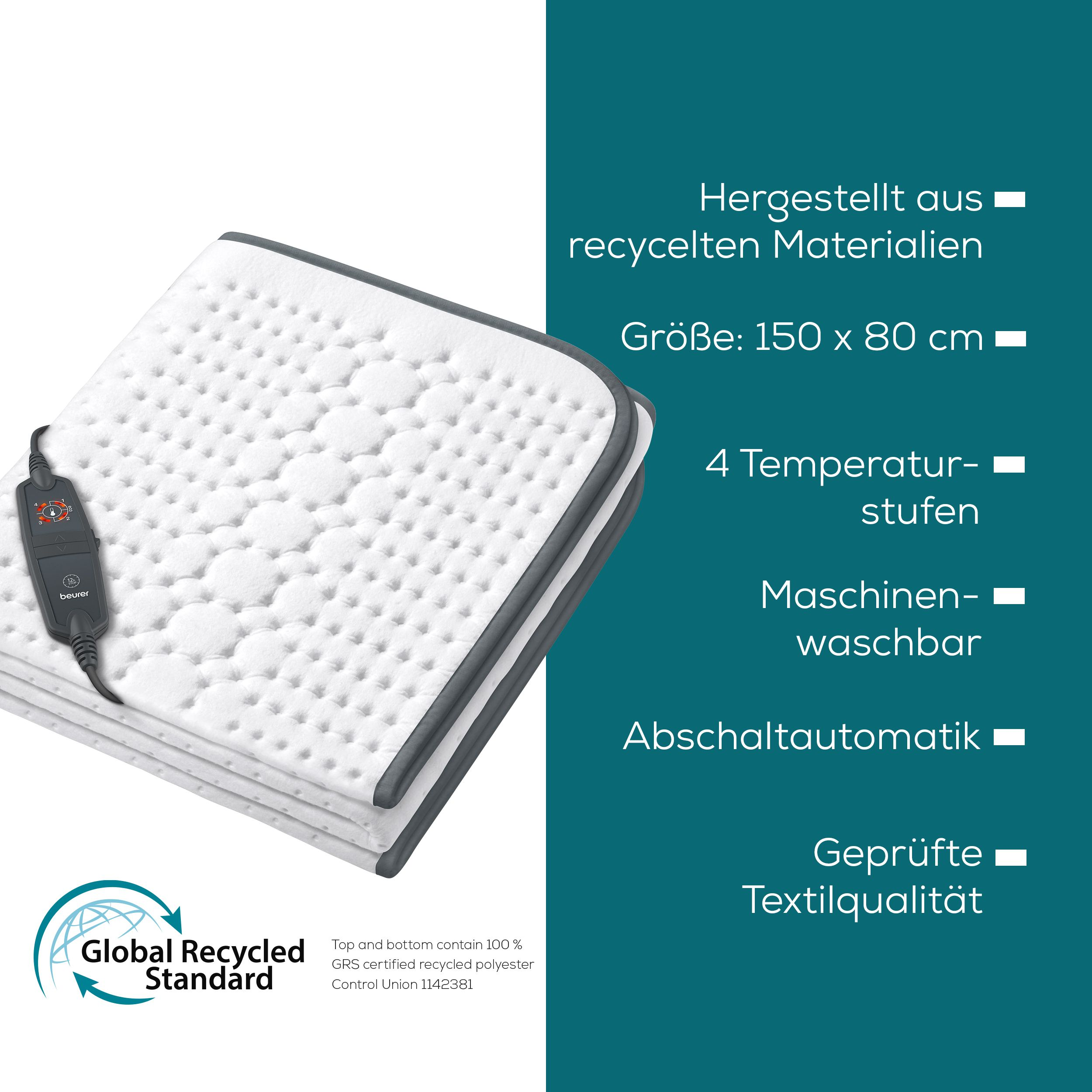 Ein weißes Heizkissen mit grauer Kante und schwarzem Bedienelement.
