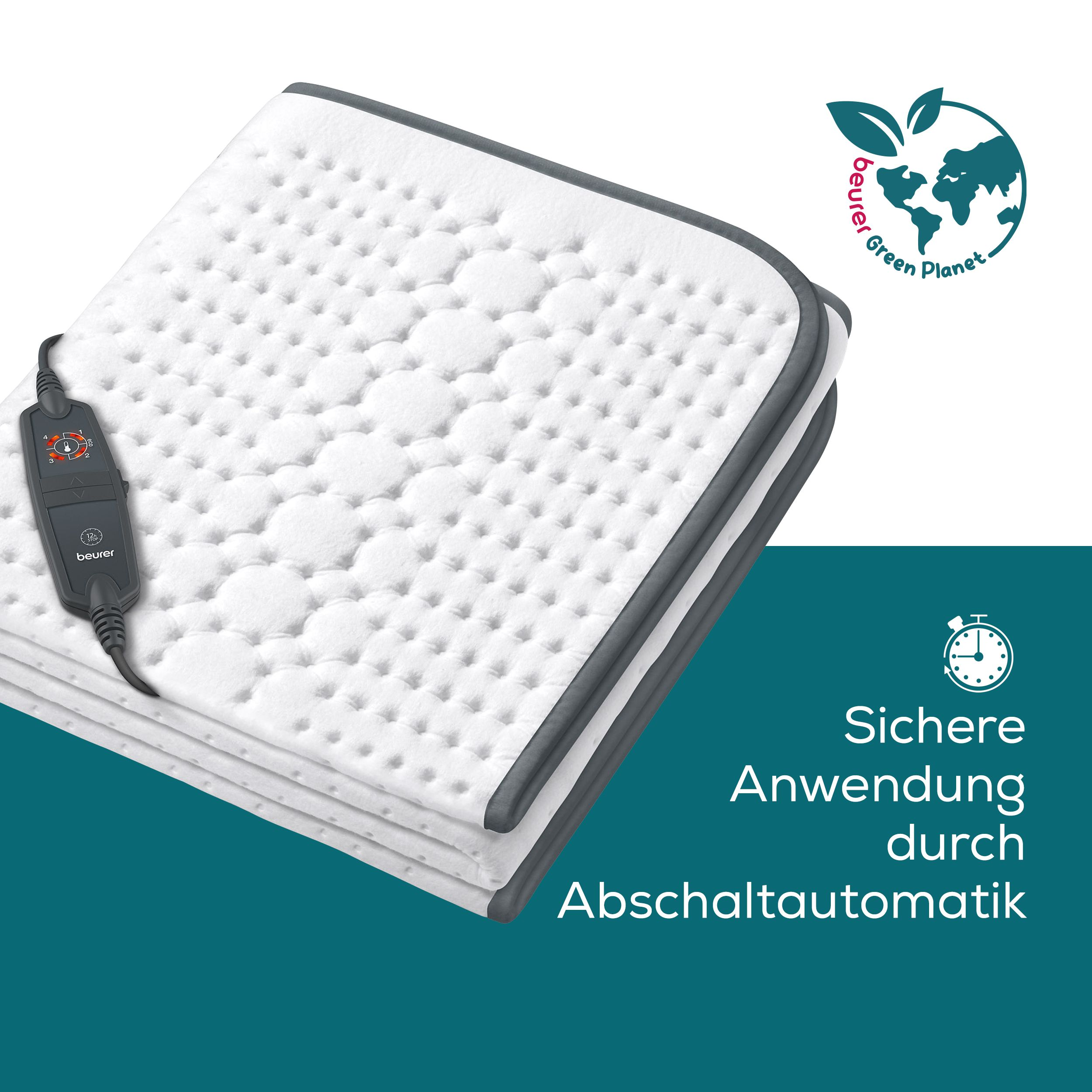 Weißes Heizkissen mit Fernbedienung und Logo "Green Planet".