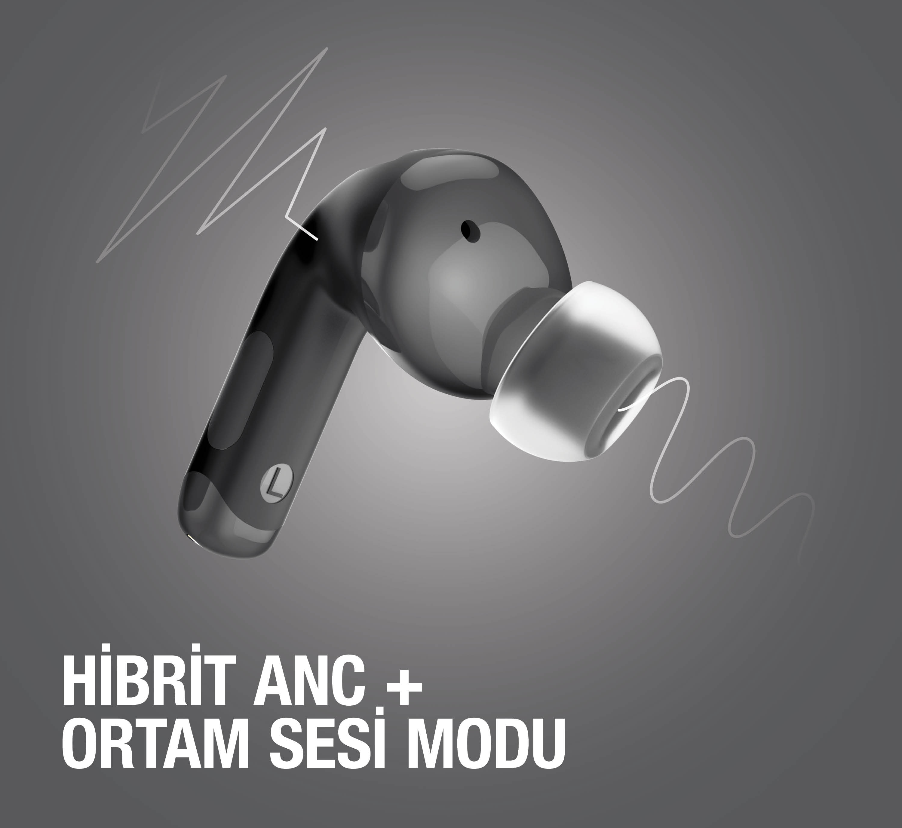 Gri arka plan üzerinde beyaz uçlu tek sol kulaklık.