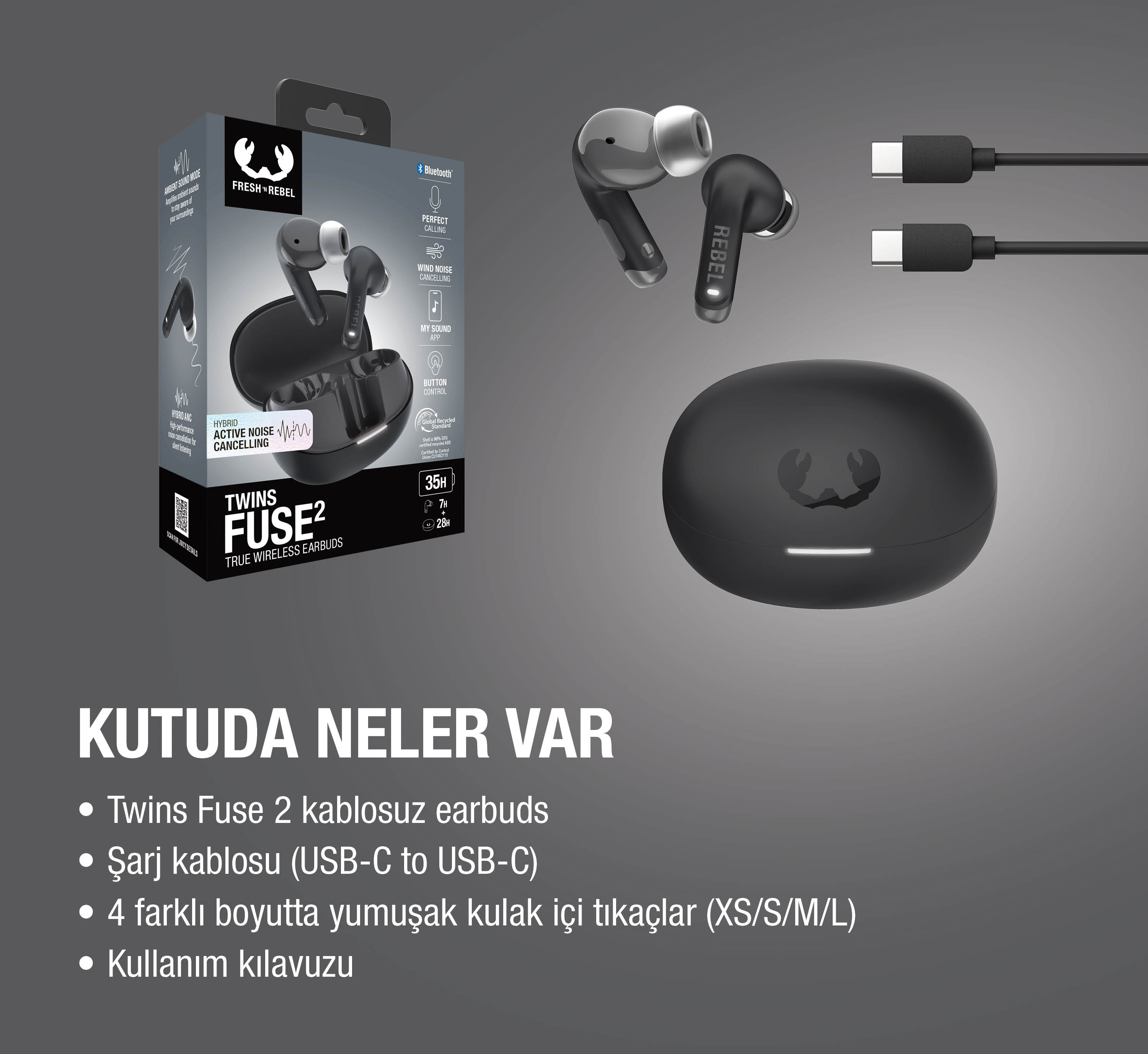 Gri arka plan üzerinde şarj kutusu ve USB-C kablosu olan siyah kablosuz kulaklık.