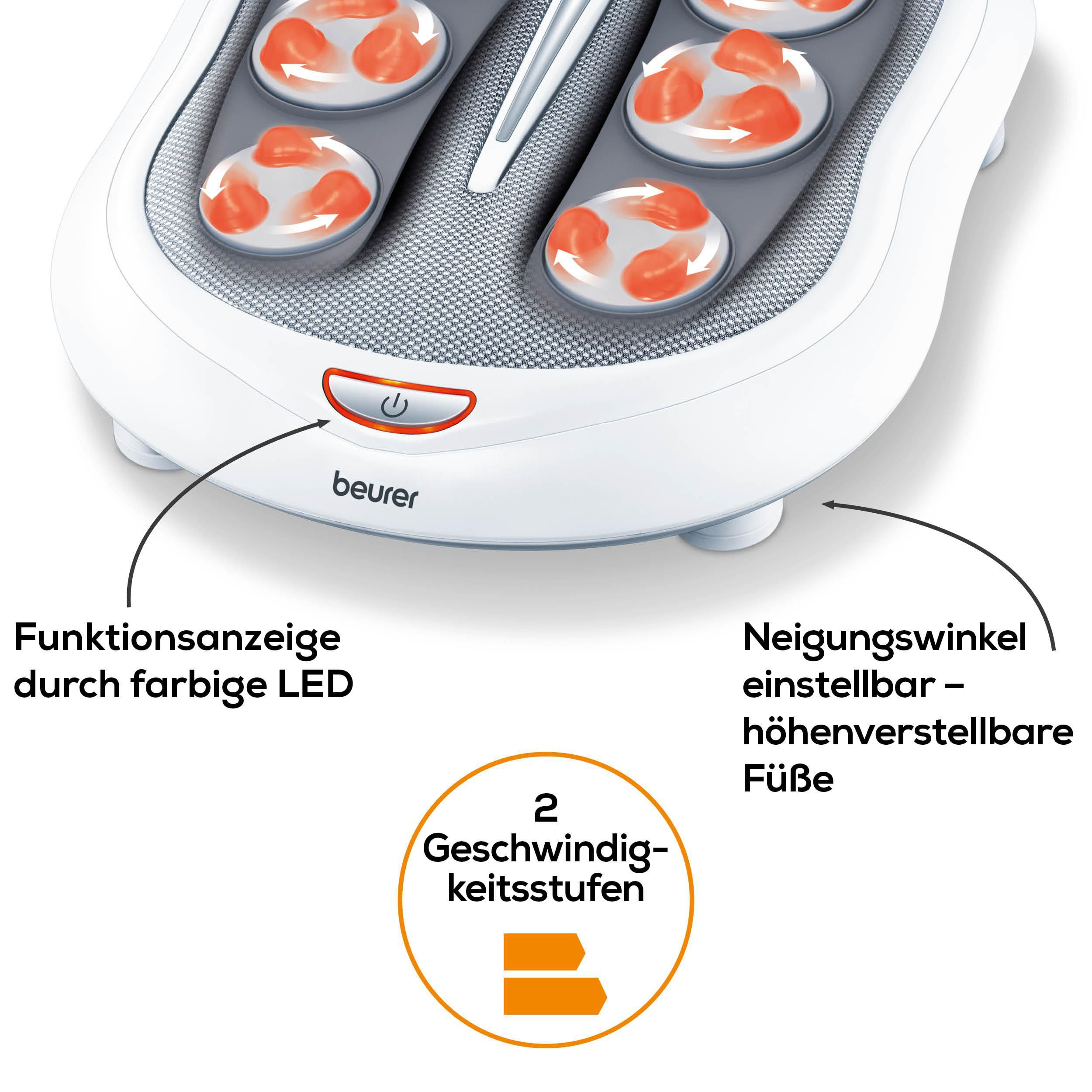 Massagegerät mit roten Rotationsköpfen, beleuchtetem Power-Knopf und Fuß-Einstelloptionen.