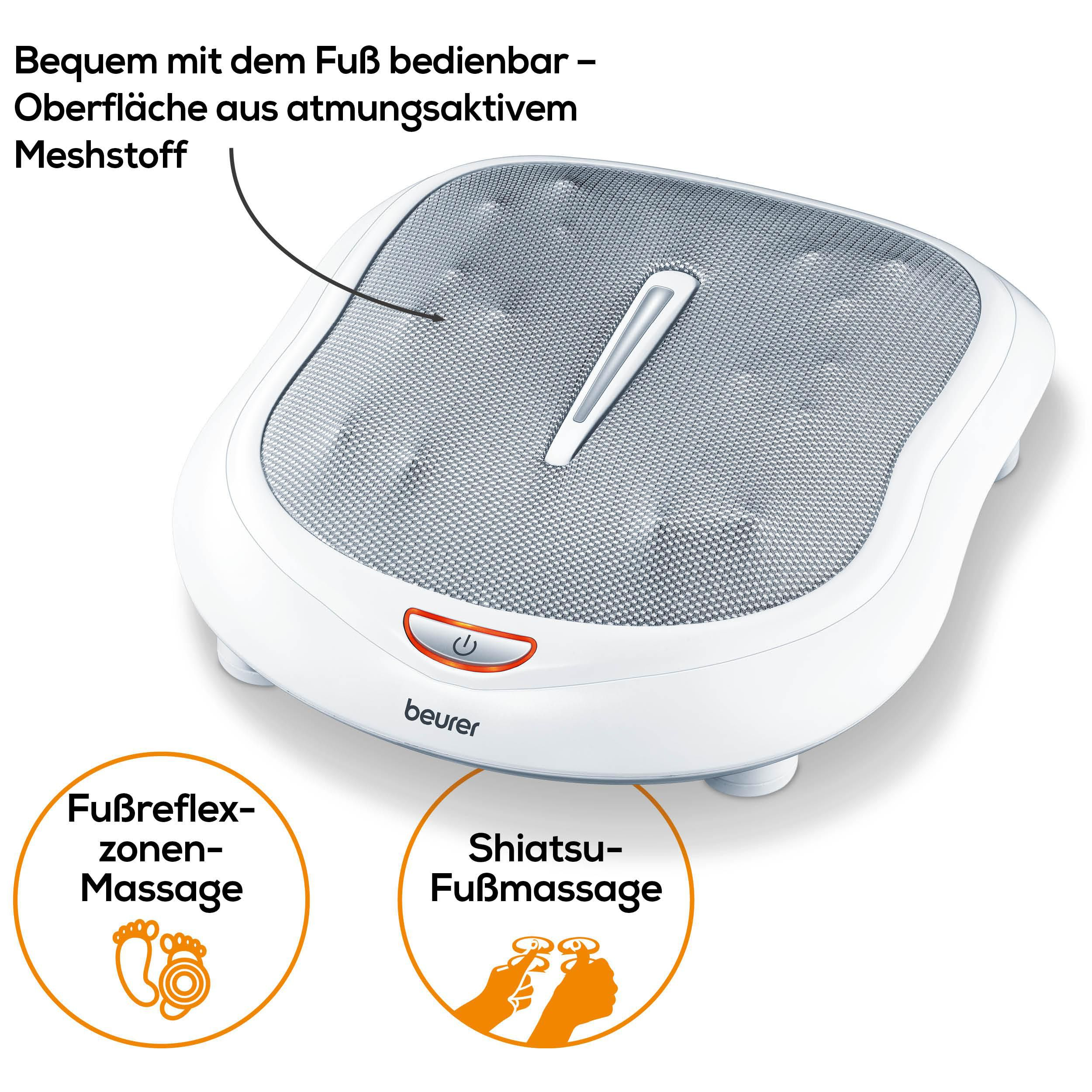 Ein weißes Fußmassagegerät mit atmungsaktiver Mesh-Oberfläche und Bedienknöpfen.