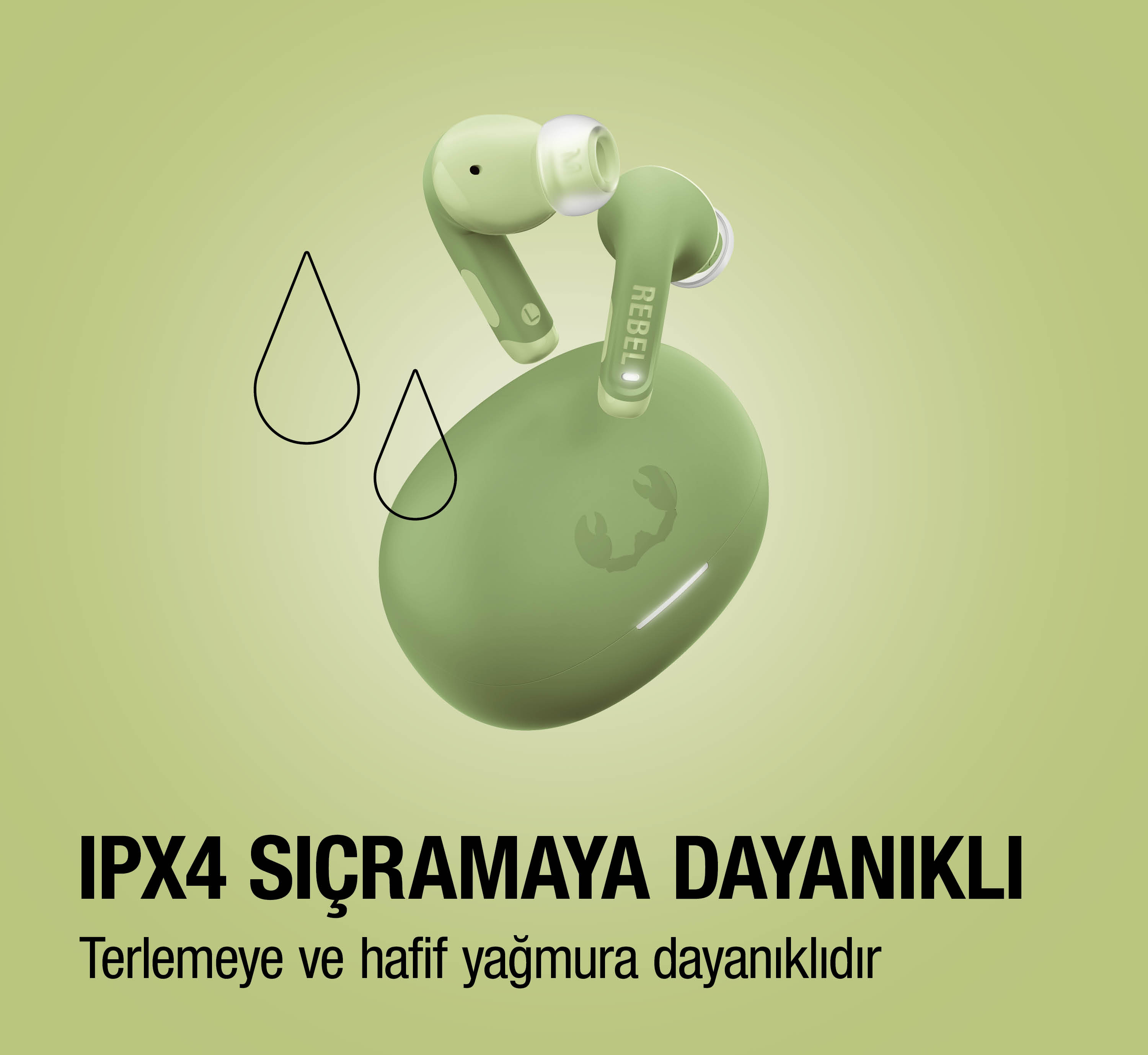 Yeşil kulaklık şarj kutusuyla, sıçramaya dayanıklı (IPX4).