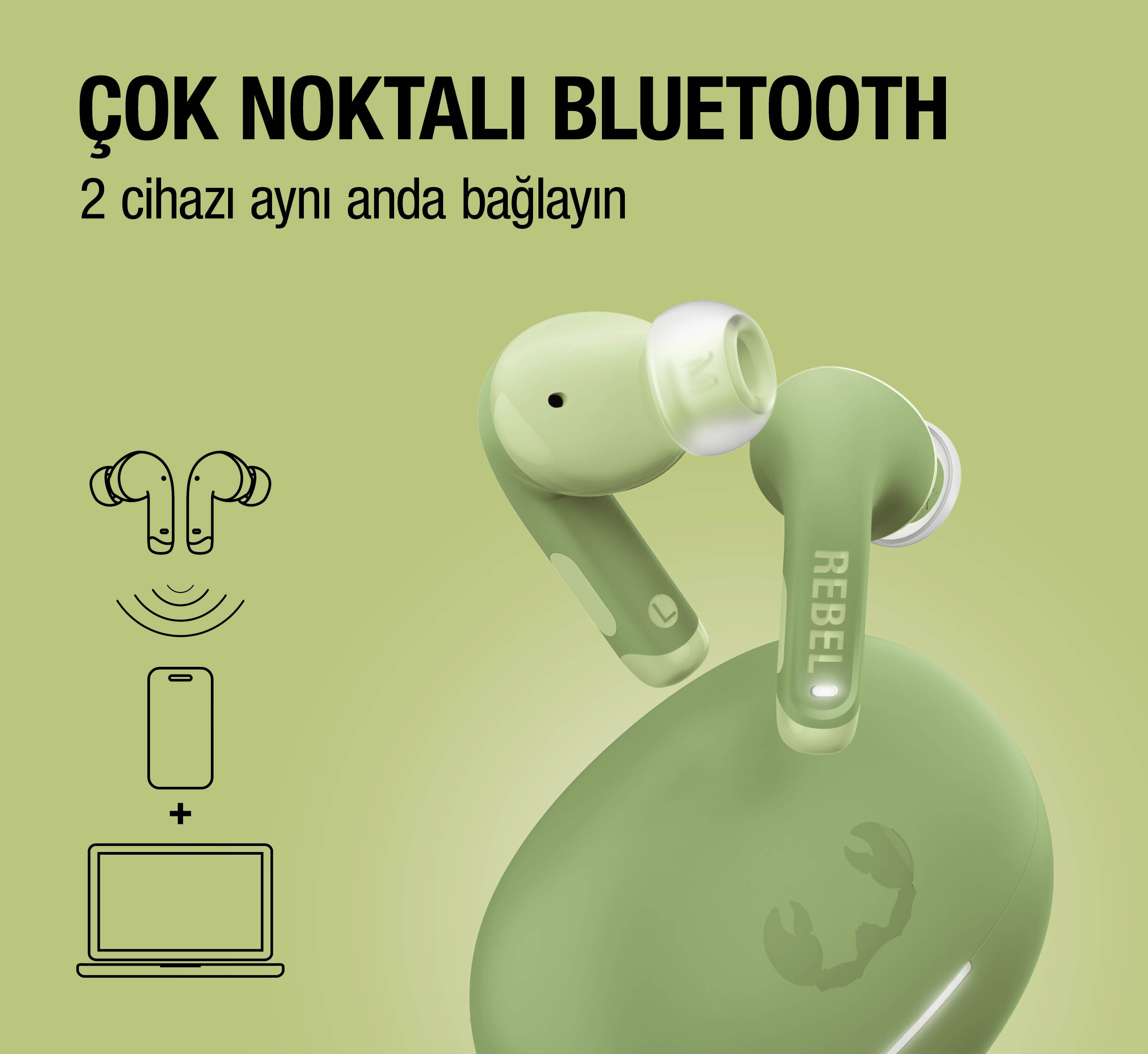 Yeşil kablosuz kulaklıklar, şarj kutusu ve bağlantı simgeleri.