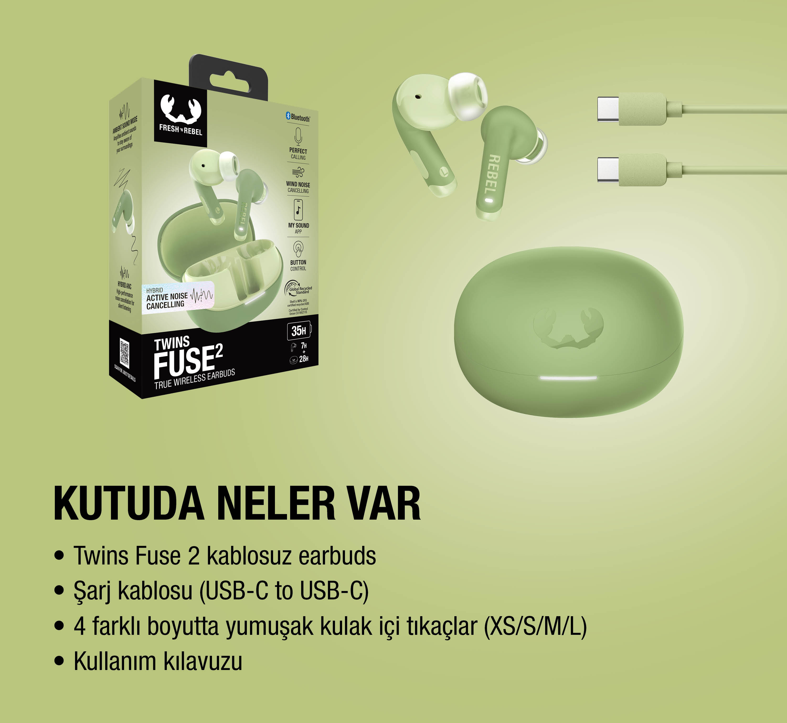 Yeşil Fresh 'n Rebel Twins Fuse 2 kulaklıklar şarj kutusu ve kablolarla.