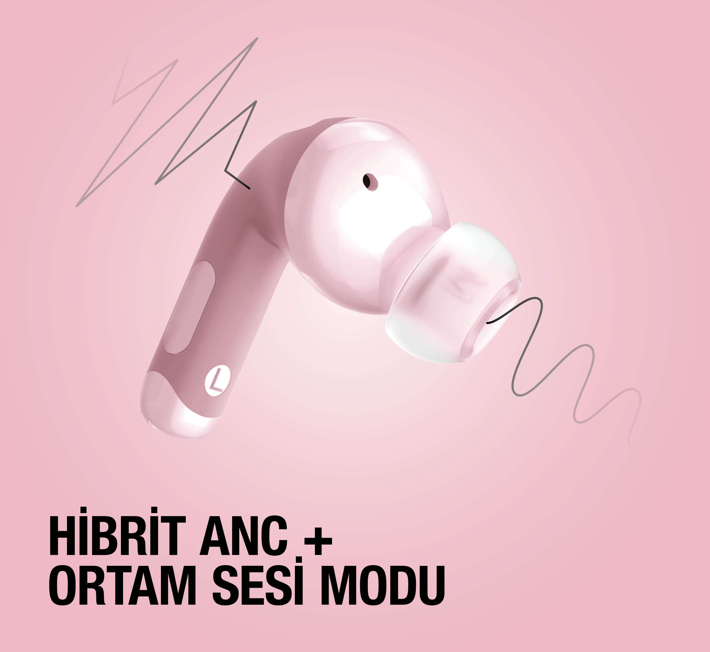 Pembe bir kulak içi kulaklık 'L' sembolü ve dalgalı çizgiler.