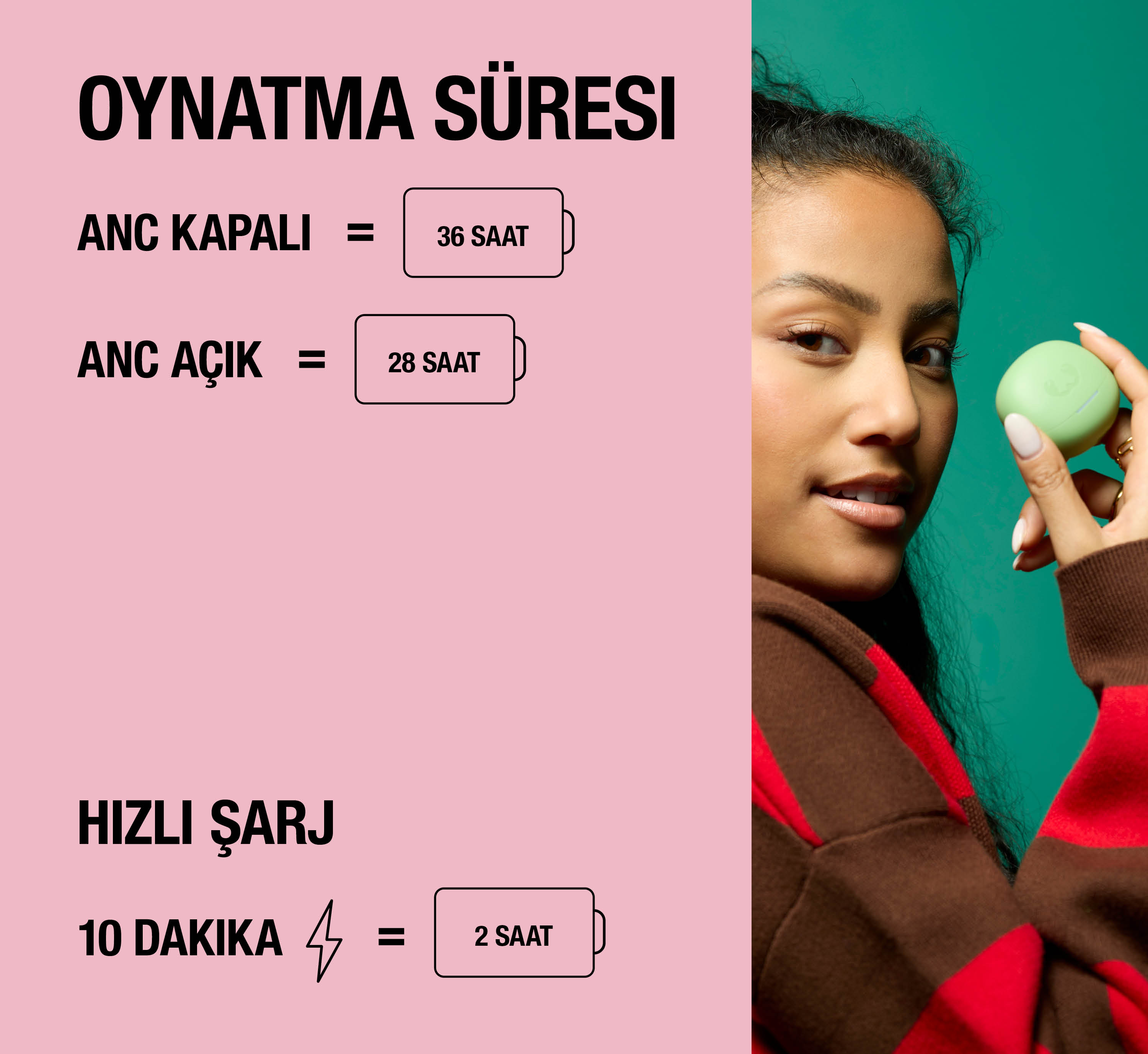Bir kadın yeşil bir kılıf tutuyor. Solda oynatma süreleri ve şarj bilgileri gösteriliyor.